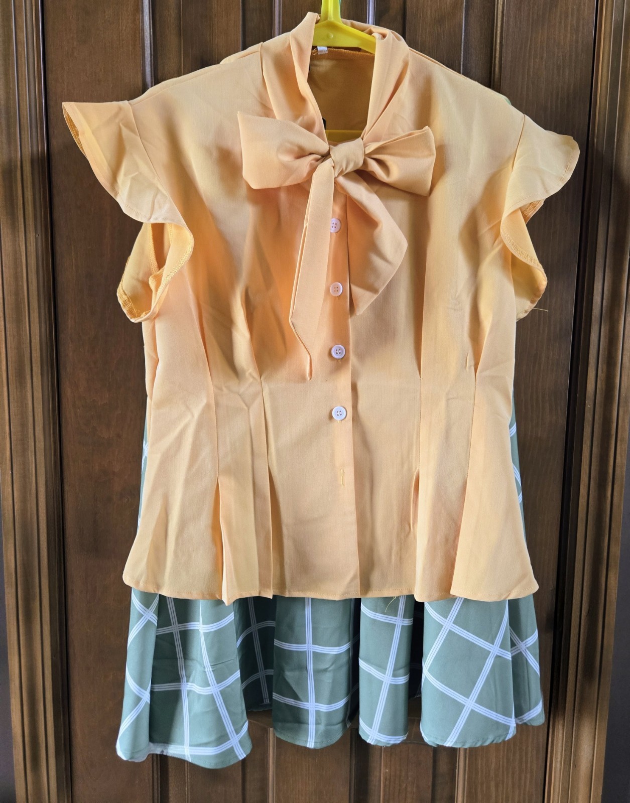 women’s 1950s Style RETRO STAGE yellow BOW top BLOUSE & green SWING SKIRT, L