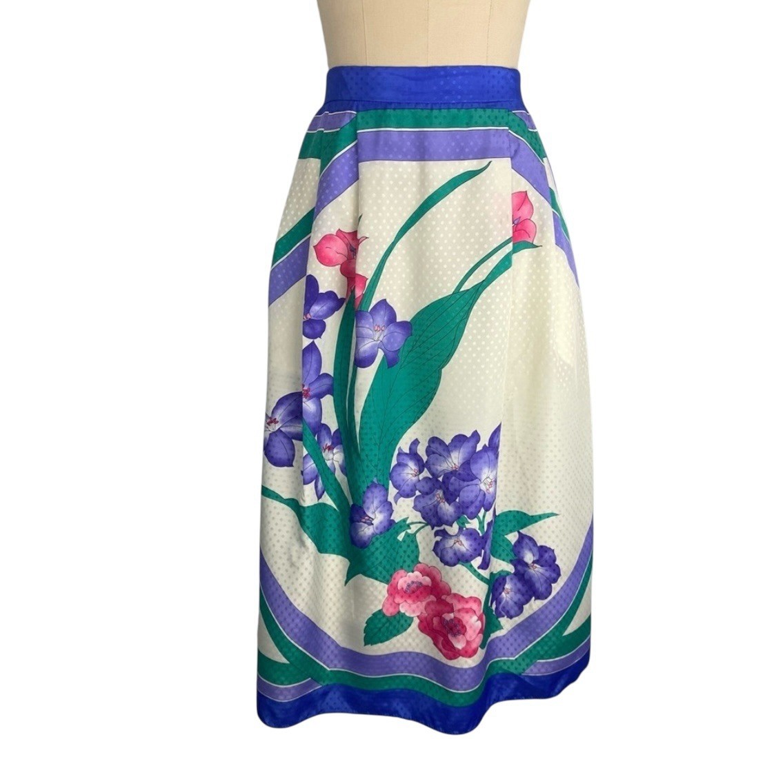 Vintage Tropical Floral Midi Skirt Blue Purple Green Elastic Waist Size MEDIUM
