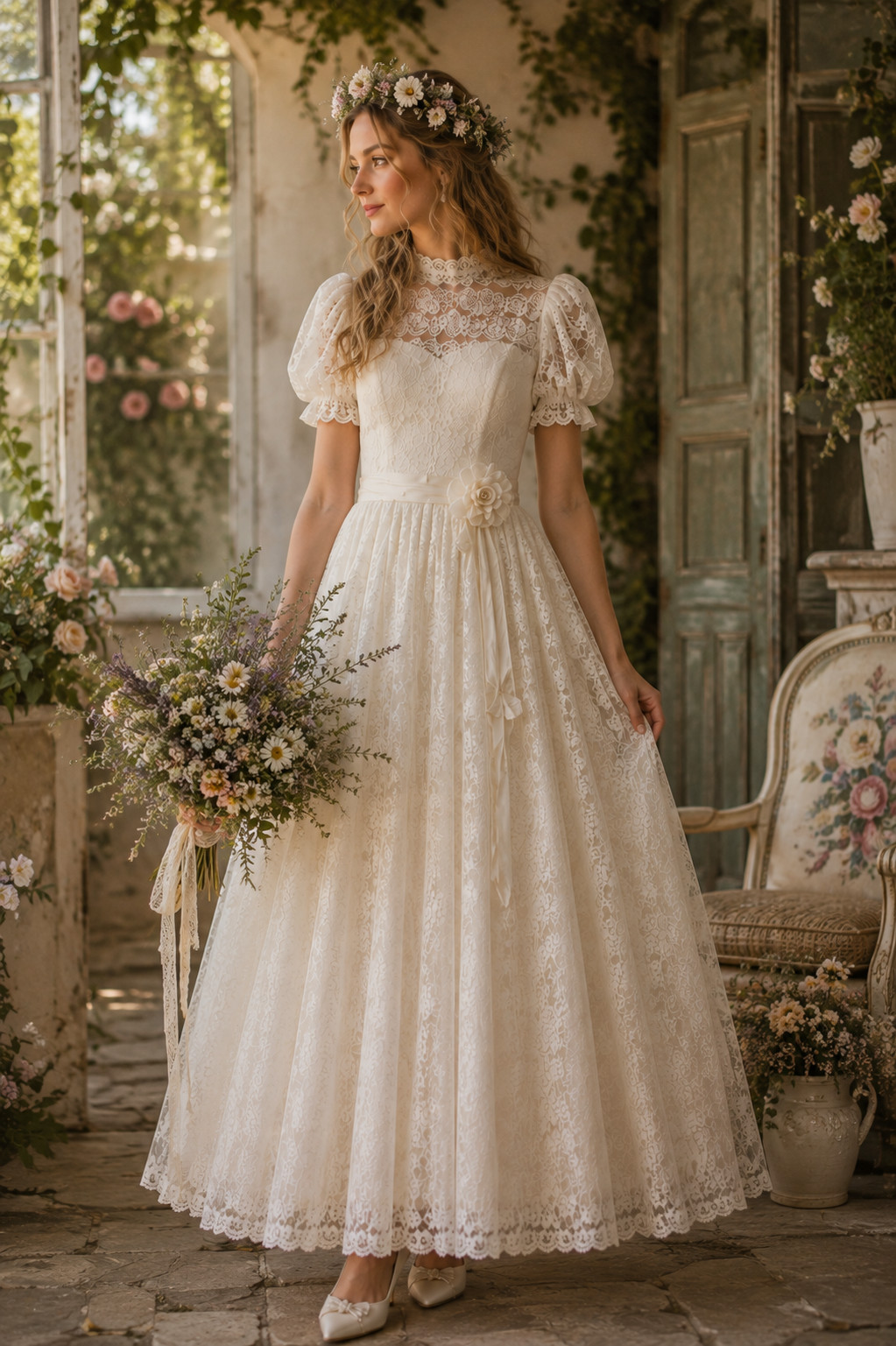 Original Kleemeier Court Wedding Dress 70s Vintage Lace Crinoline Edwardian Prairie