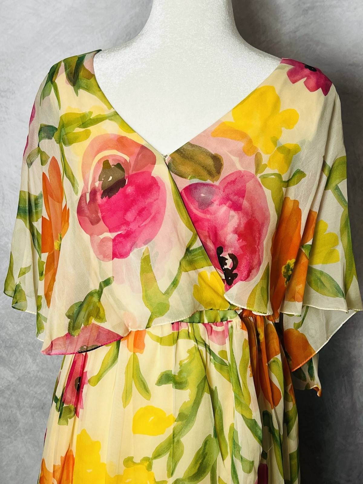 Vintage 1970s Kiki Hart Floral Watercolor Silk Chiffon Romantic Dress NWT Size S