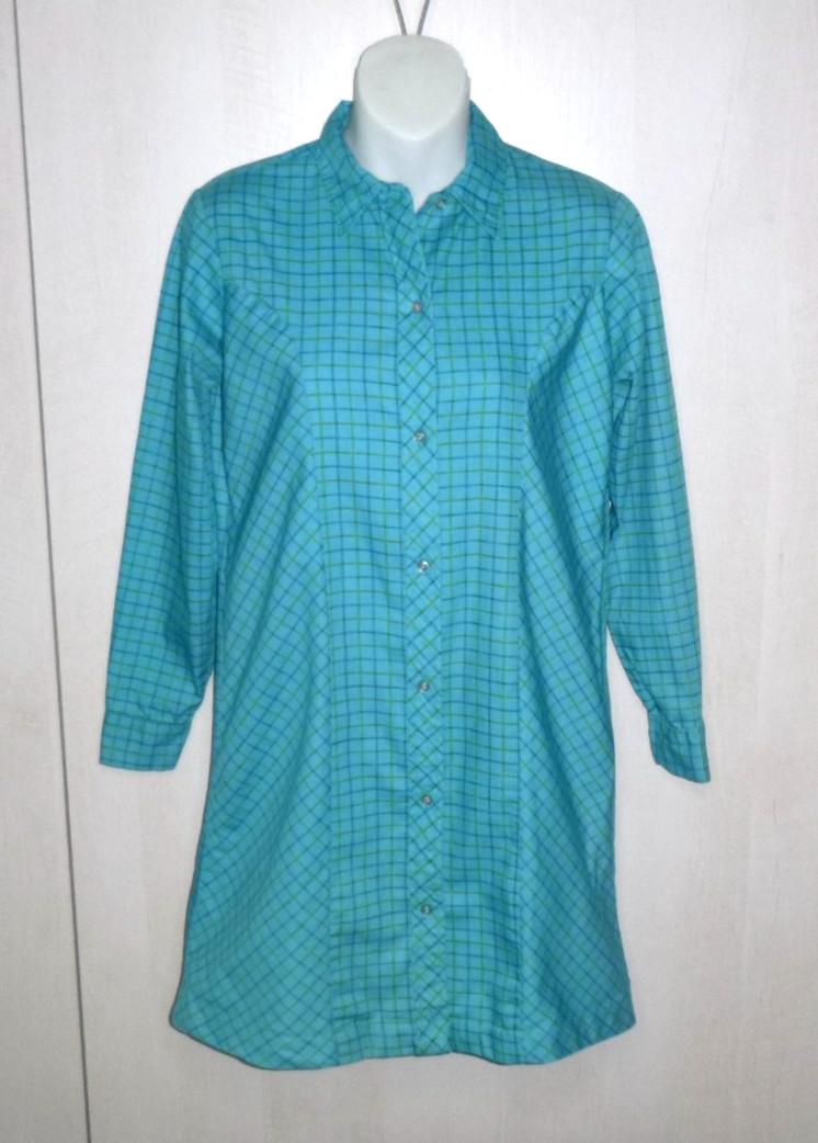 Vtg 70s Miss Brent Cotton Shirtdress Mini Turquoise Olive Green Blue Check Sz S