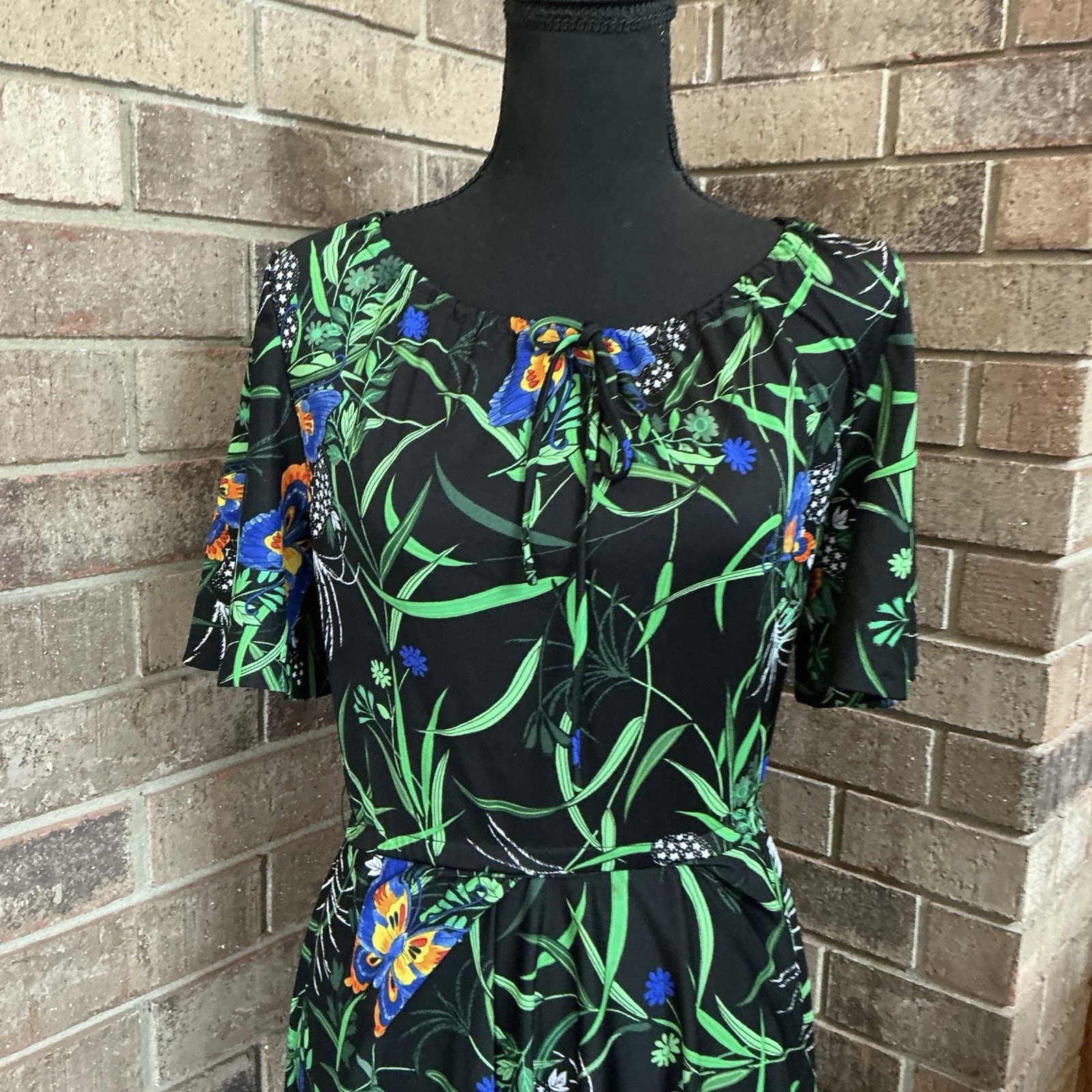 70s VINTAGE Yves Jennet Tropical Floral Midi Dress Size 14 Black Butterfly #6D6