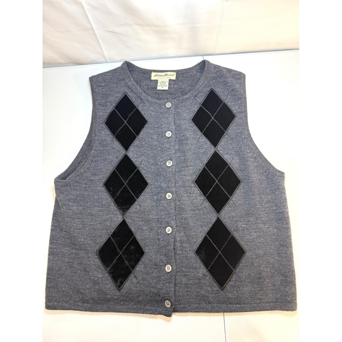 Eddie Bauer Merino Wool Argyle Sweater Vest M Gray Button Front Vintage