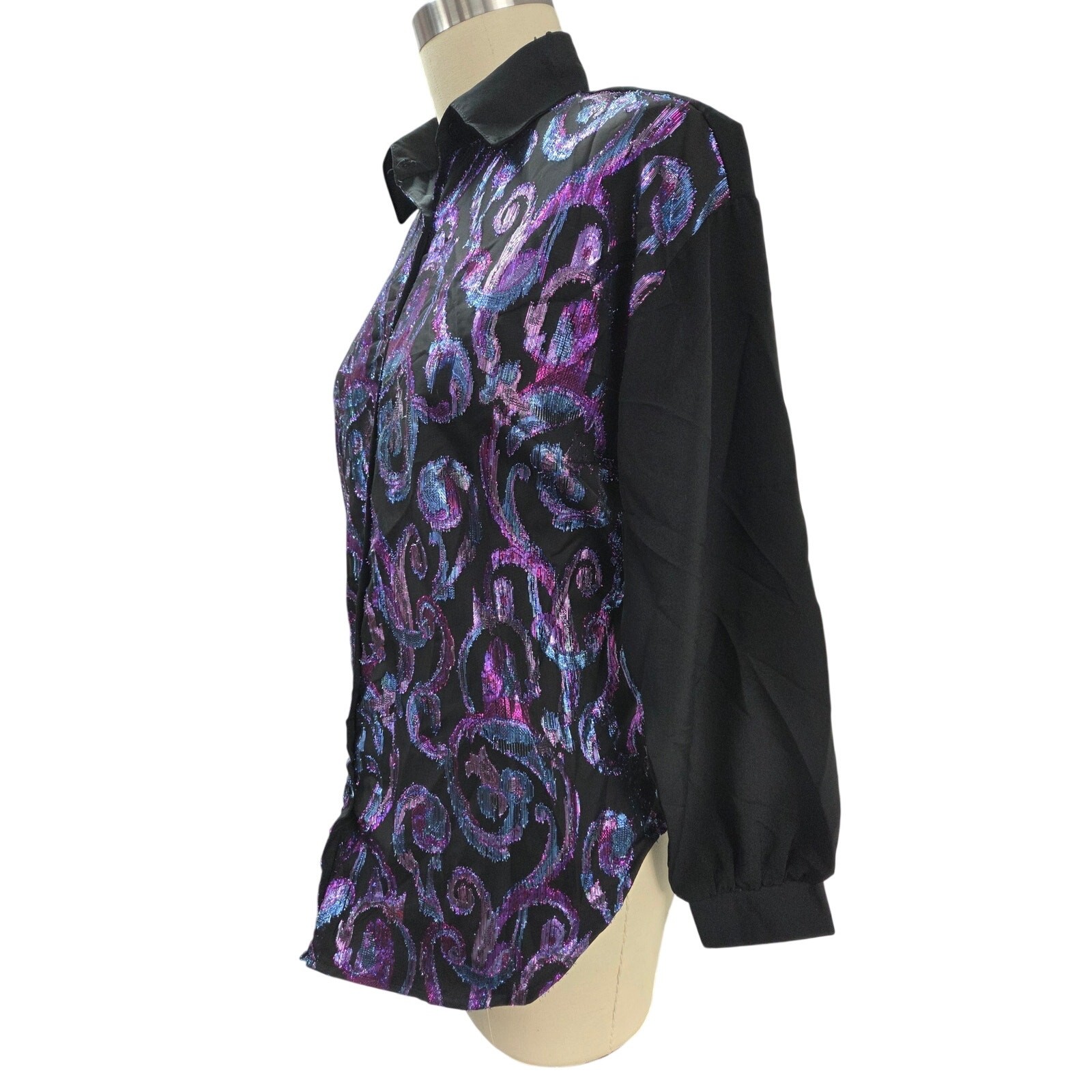 VTG 1980s Jeri Marque Metallic Scroll Blouse Black Purple Teal Button Down