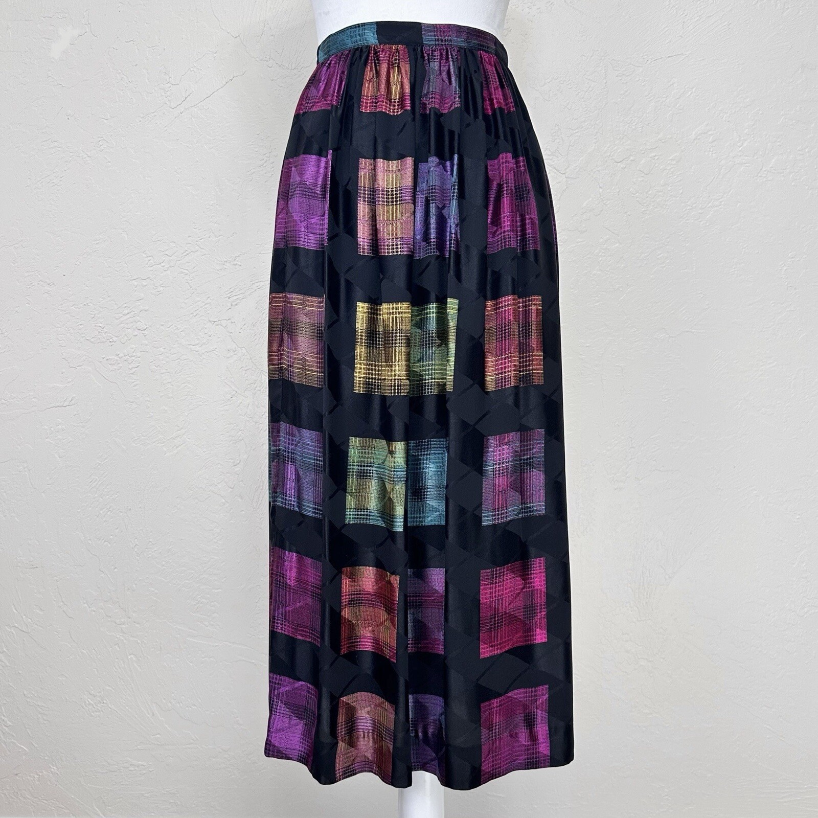 Vintage Frank Masandrea 100% Silk Multicolor Rainbow Plaid Midi Skirt XS/S