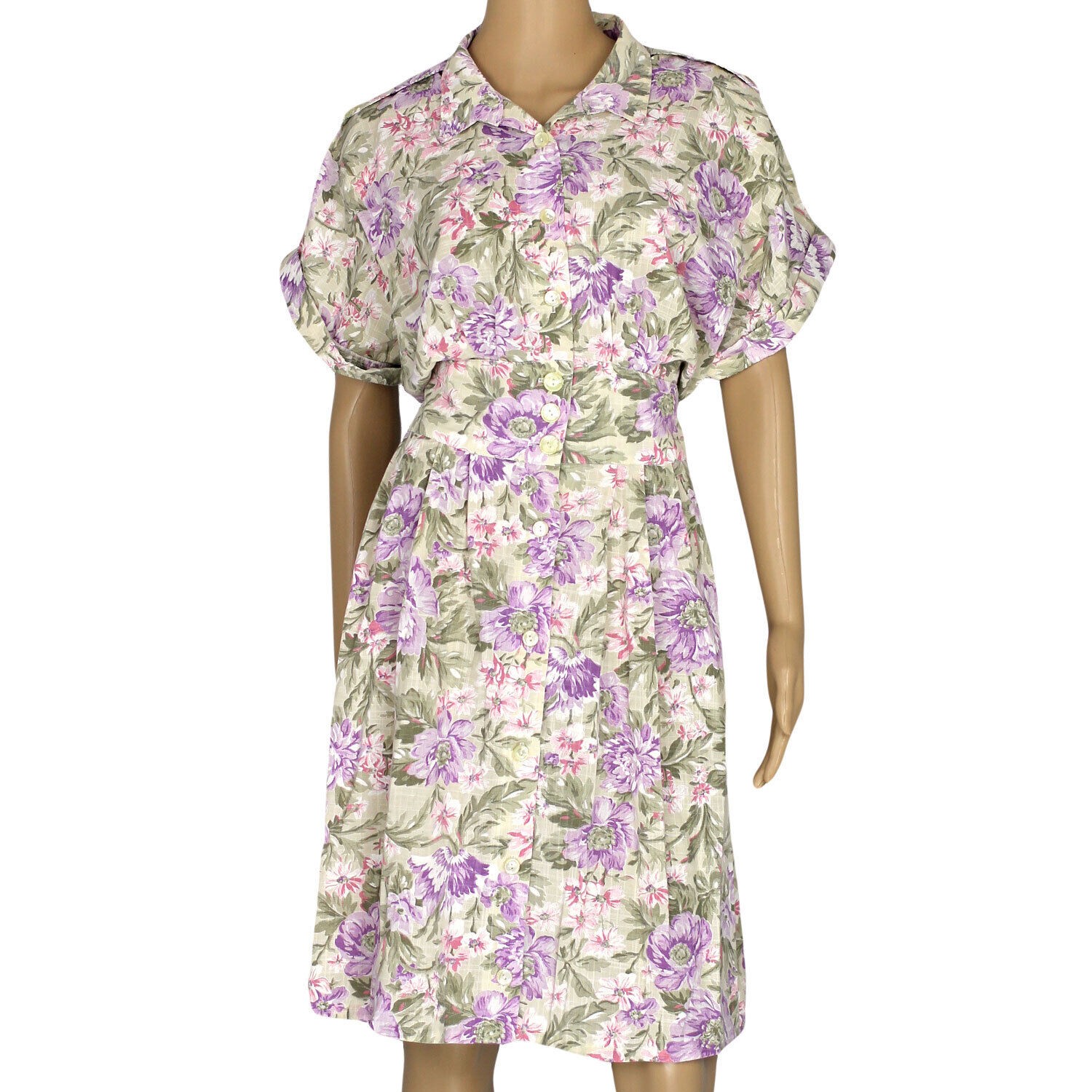 1980s Vintage 1950s Style Dress Purple Floral Button Front Shirtdress 6 P Small
