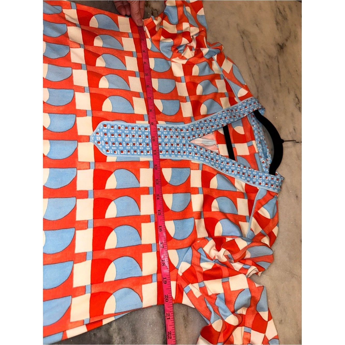 J. McLaughlin Size Large Retro Geometric MIDI Dress in Coral & Light Blue
