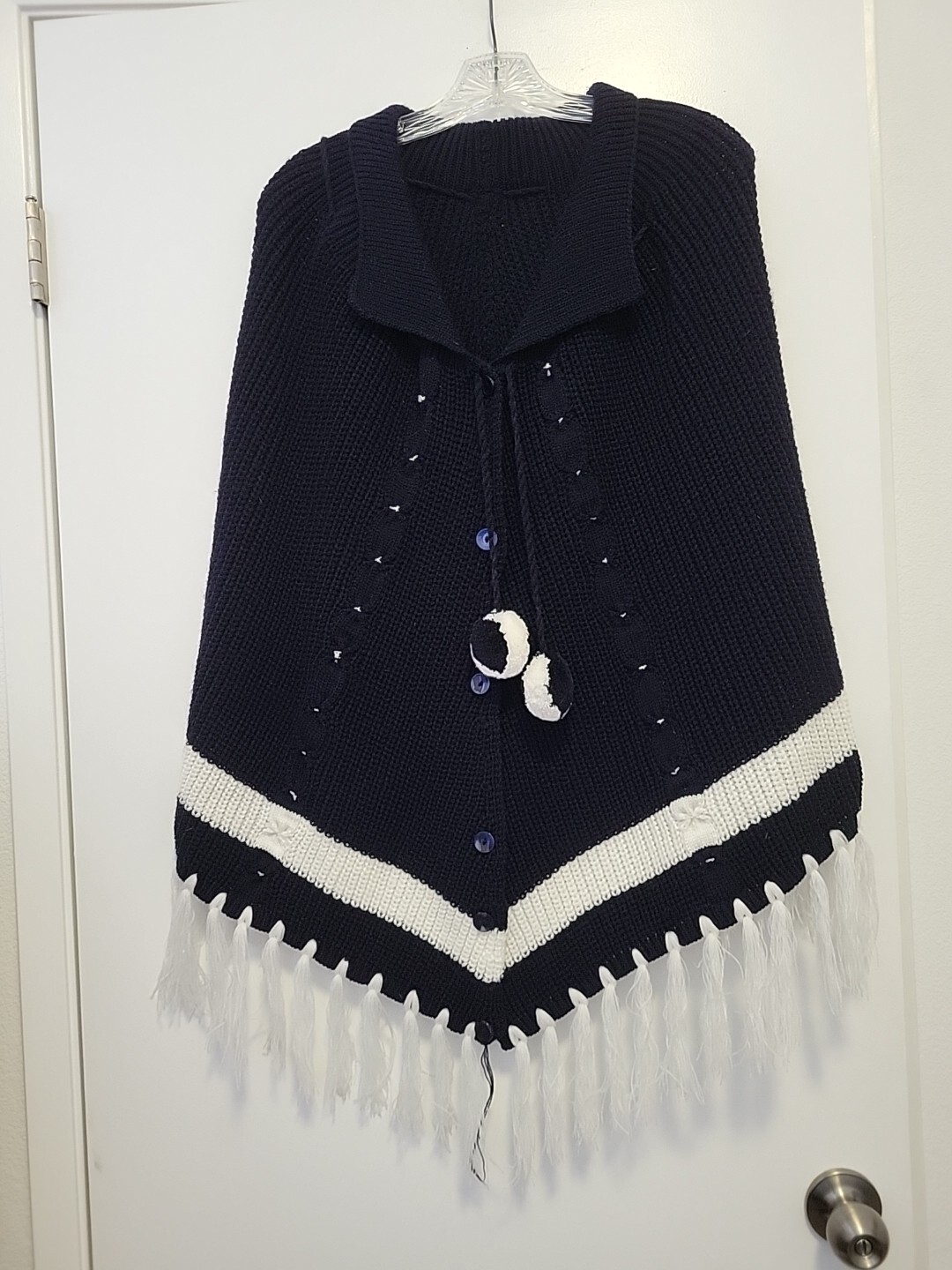 Vintage Poncho Knit Fringe Pom Poms Button Front Navy White