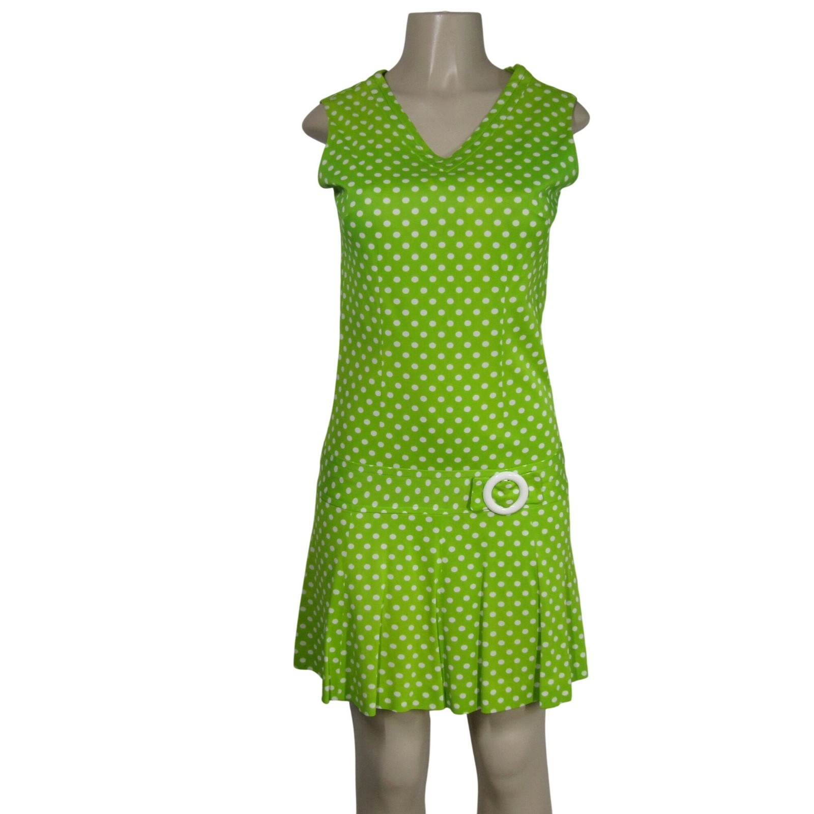 VTG 60s 70s MOD Polka Dot Retro Groovy Drop Waist LIme Green Gidget Dress S