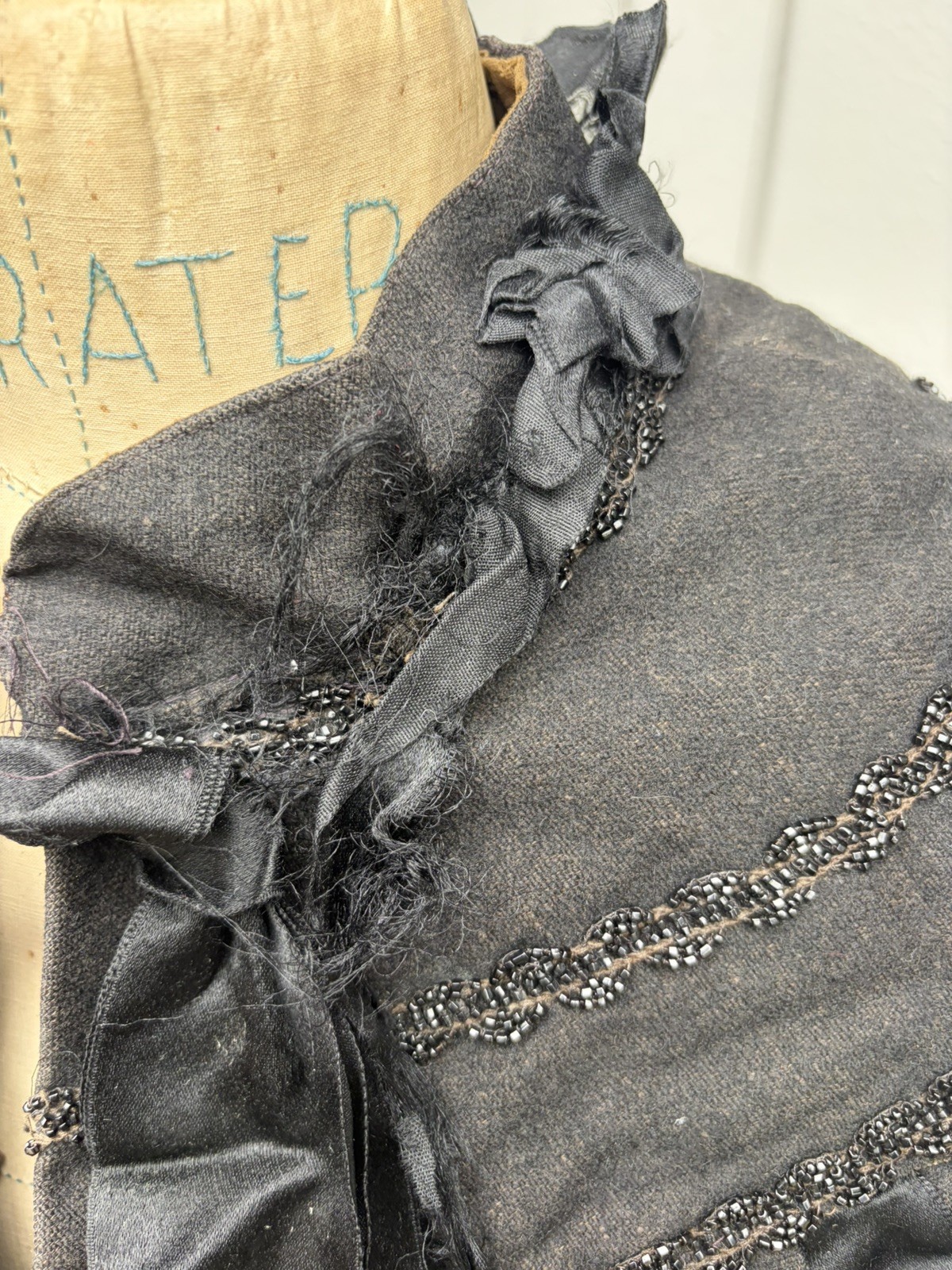 Antique Victorian Black Wool Beaded Evening Cape Capelet Cloak Mourning 1800s