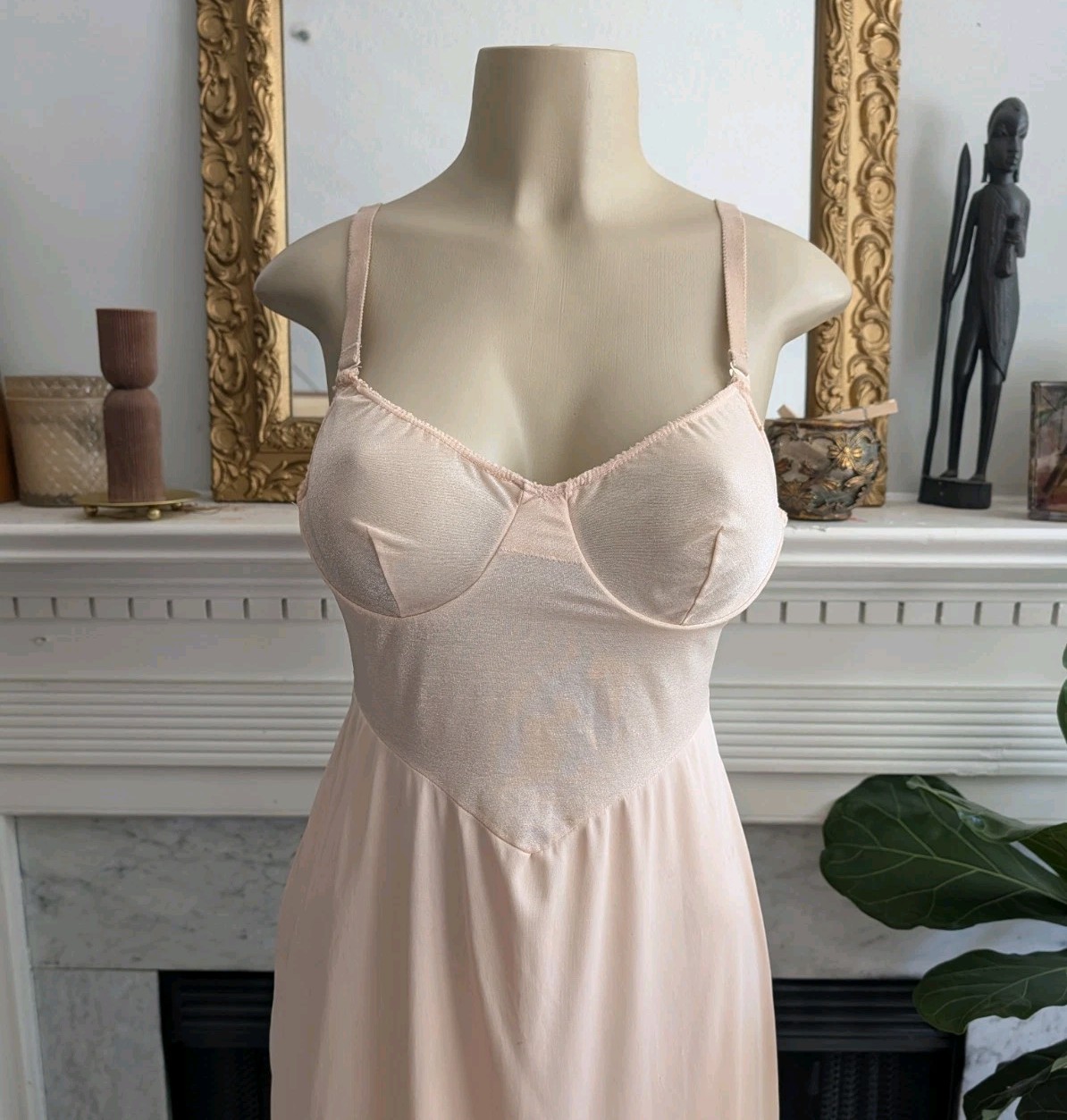 Vintage 80s Glydons Blush Nude Full Slip Dress Antron Nylon Lycra 36 Sheer