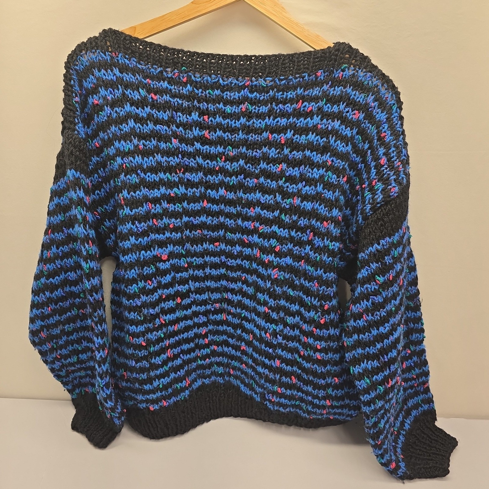 Vintage Hand Knit Striped Pullover Sweater Blue Black Pink Confetti Speckled