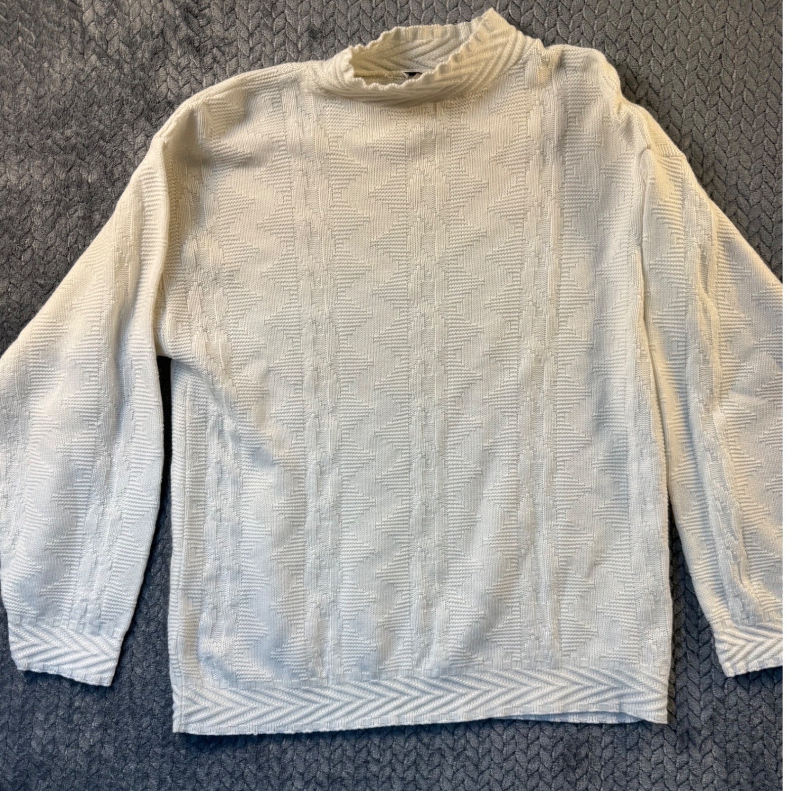 Headliners Vintage White Geometric Textured Knit Mock Neck Sweater S Acrylic
