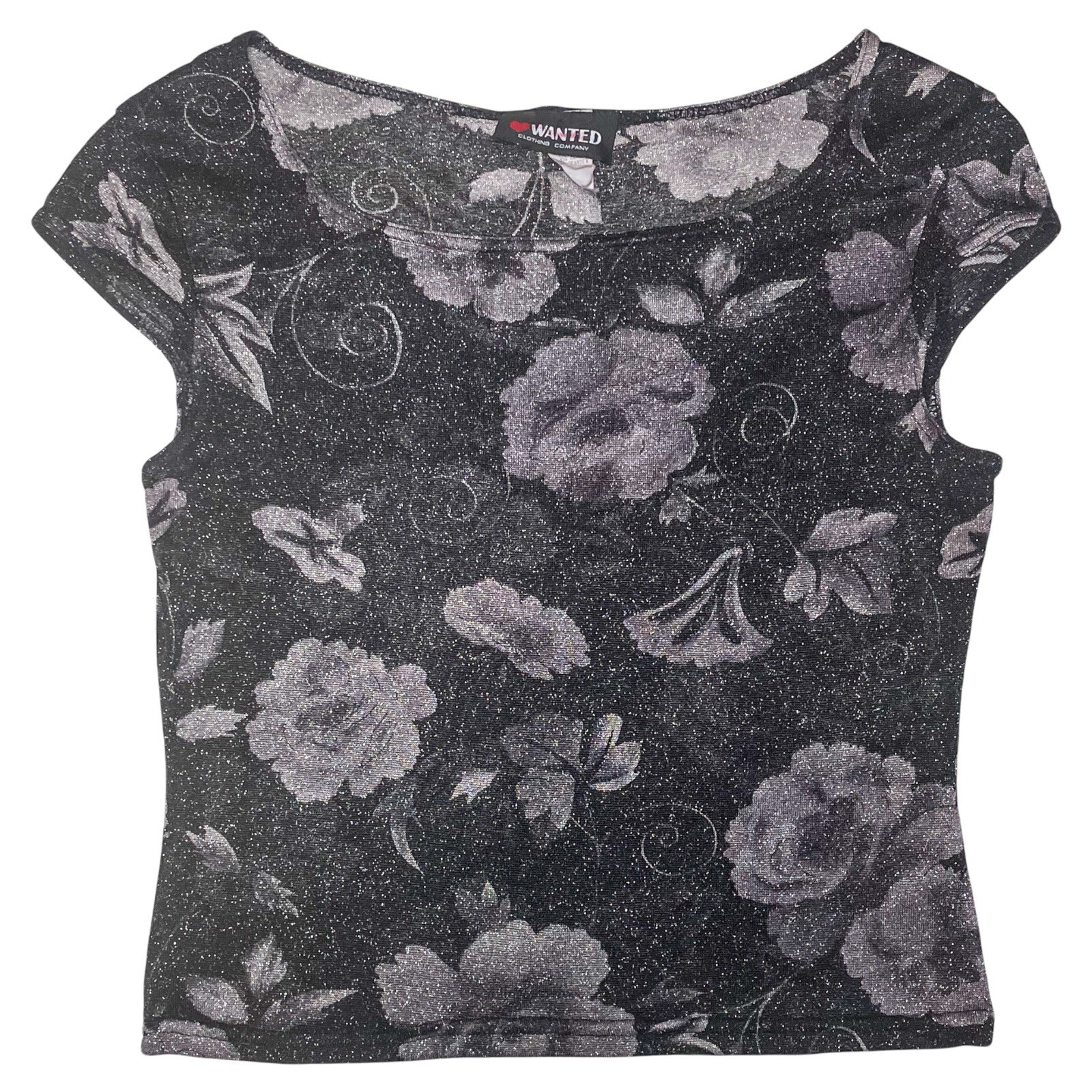 Vintage Wanted Sparkly Black And Grey Floral Top Size Large