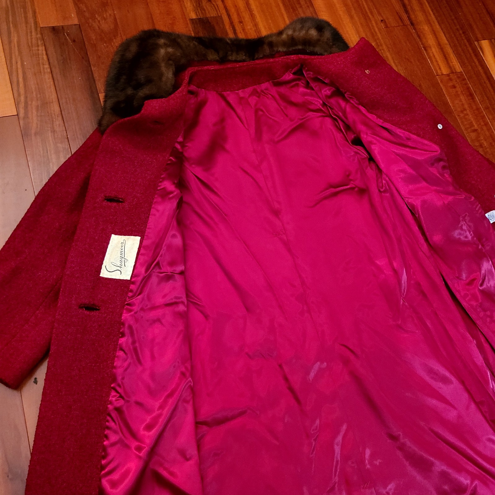 Vintage 50s Shagmoor Red/Burgundy Long Mink Fur Collar Coat Dress Jacket Women