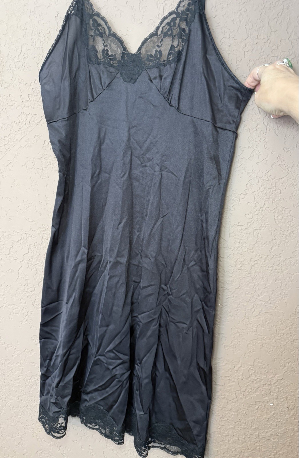 Vintage Nylon Lace Poly Chemise Full Slip Adjustable Straps Black Lingerie Sz 38