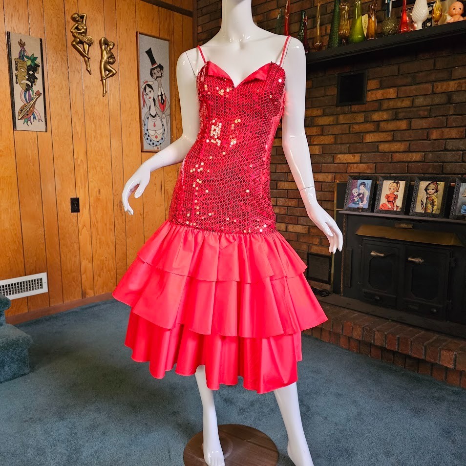 Vtg 80s Alyce New Wave Prom Drop Waist Mermaid Sequin Flamenco Party Dress S/M