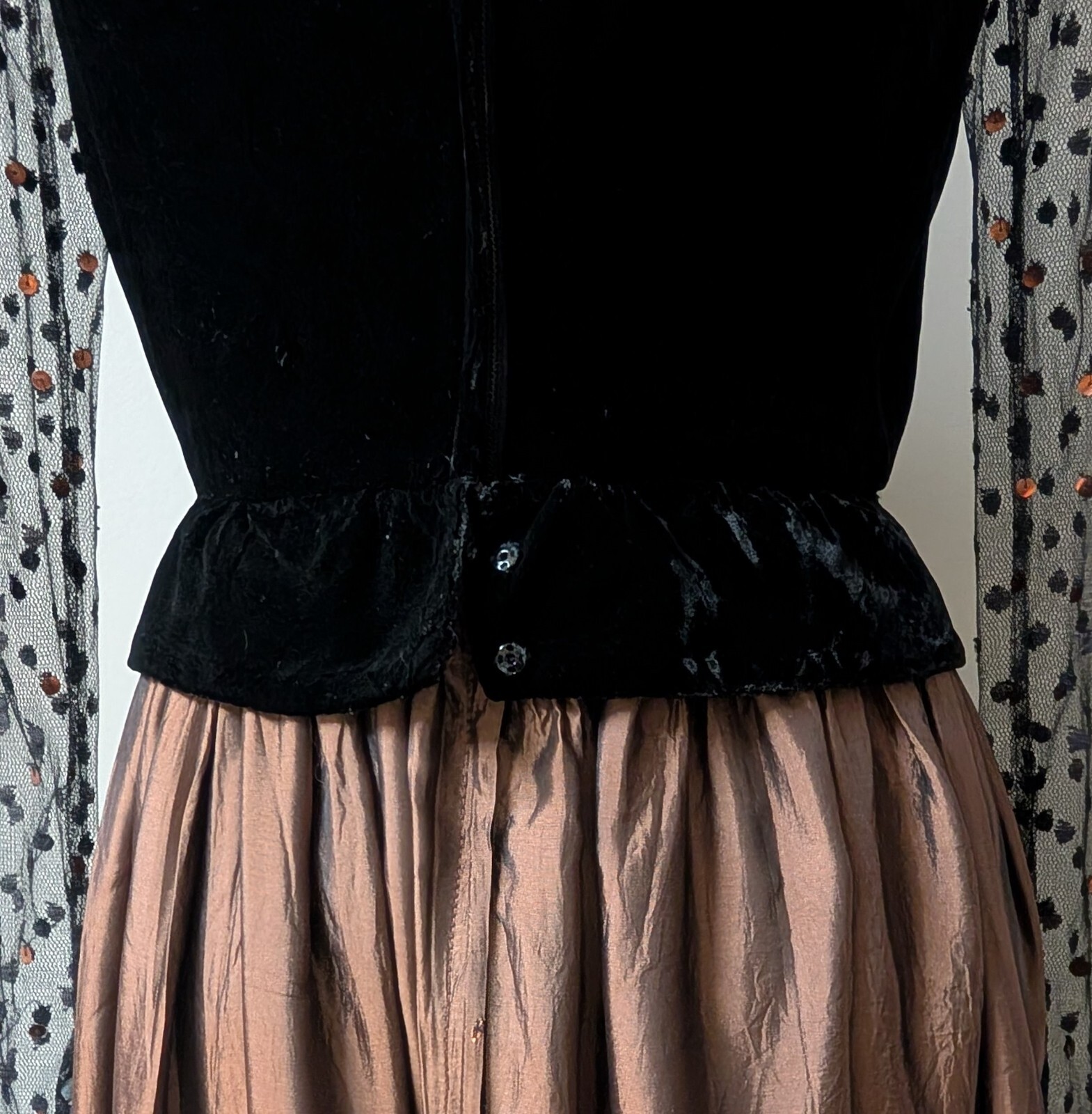 Vtg 70’s Joan Leslie By Kasper Velvet Bronze Taffeta Net Sequins Maxi Dress XS