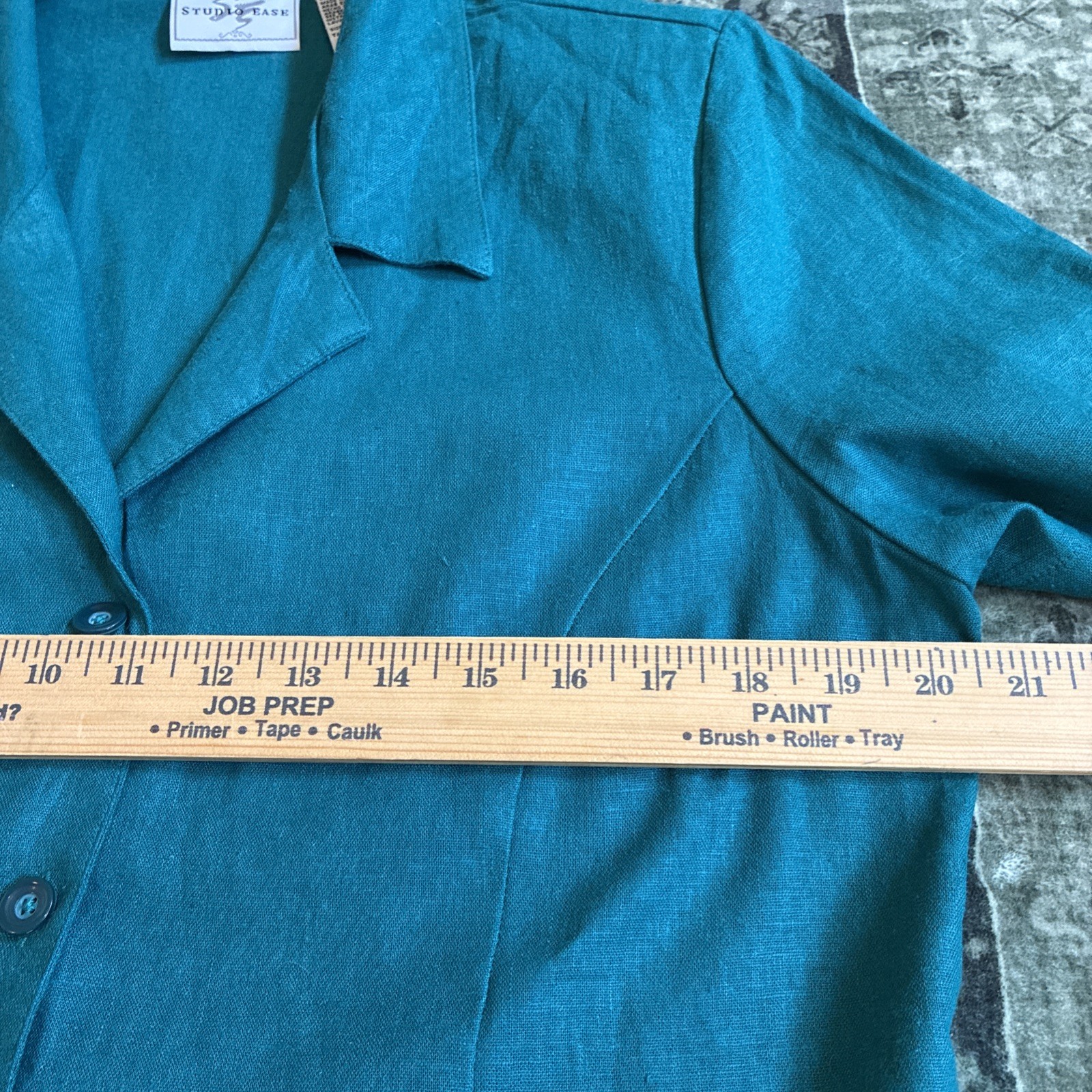 Vintage Linen Teal Collared Button Up Blouse Large Short Sleeve Blue Green 90s