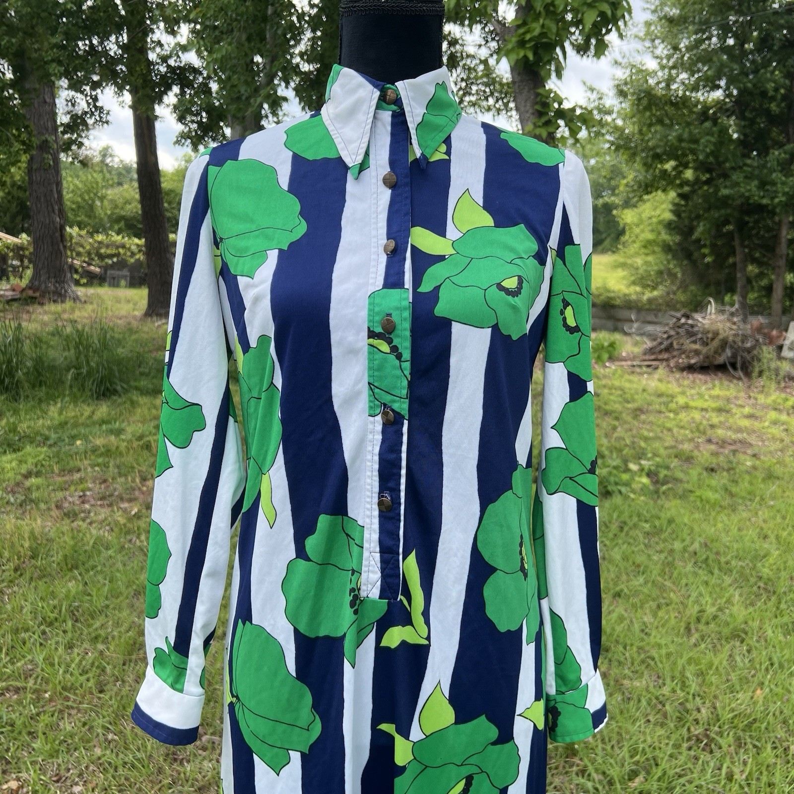 Vintage 70s Wilroy Traveller Retro Floral Striped Midi Shirt Dress Size M