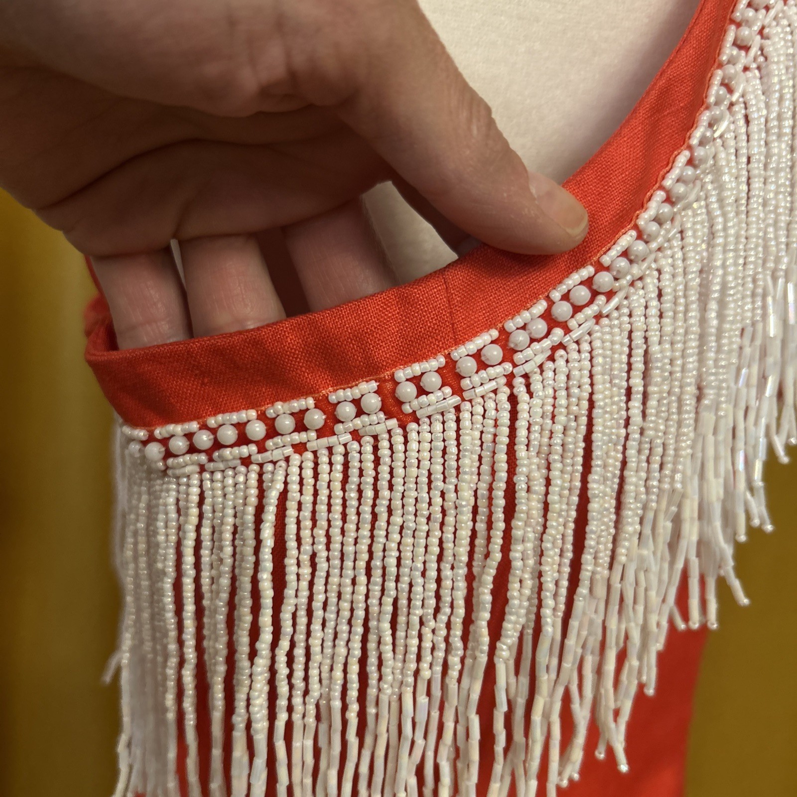 Vintage Pia Rucci Dress Red Linen Short White Beads Fringe Party 10 Medium 6/8