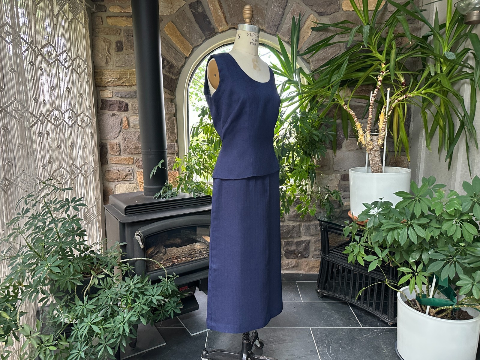 Vintage 1950s Nelly de Grab Navy Blue Textured Linen Look Rayon Skirt Suit Set