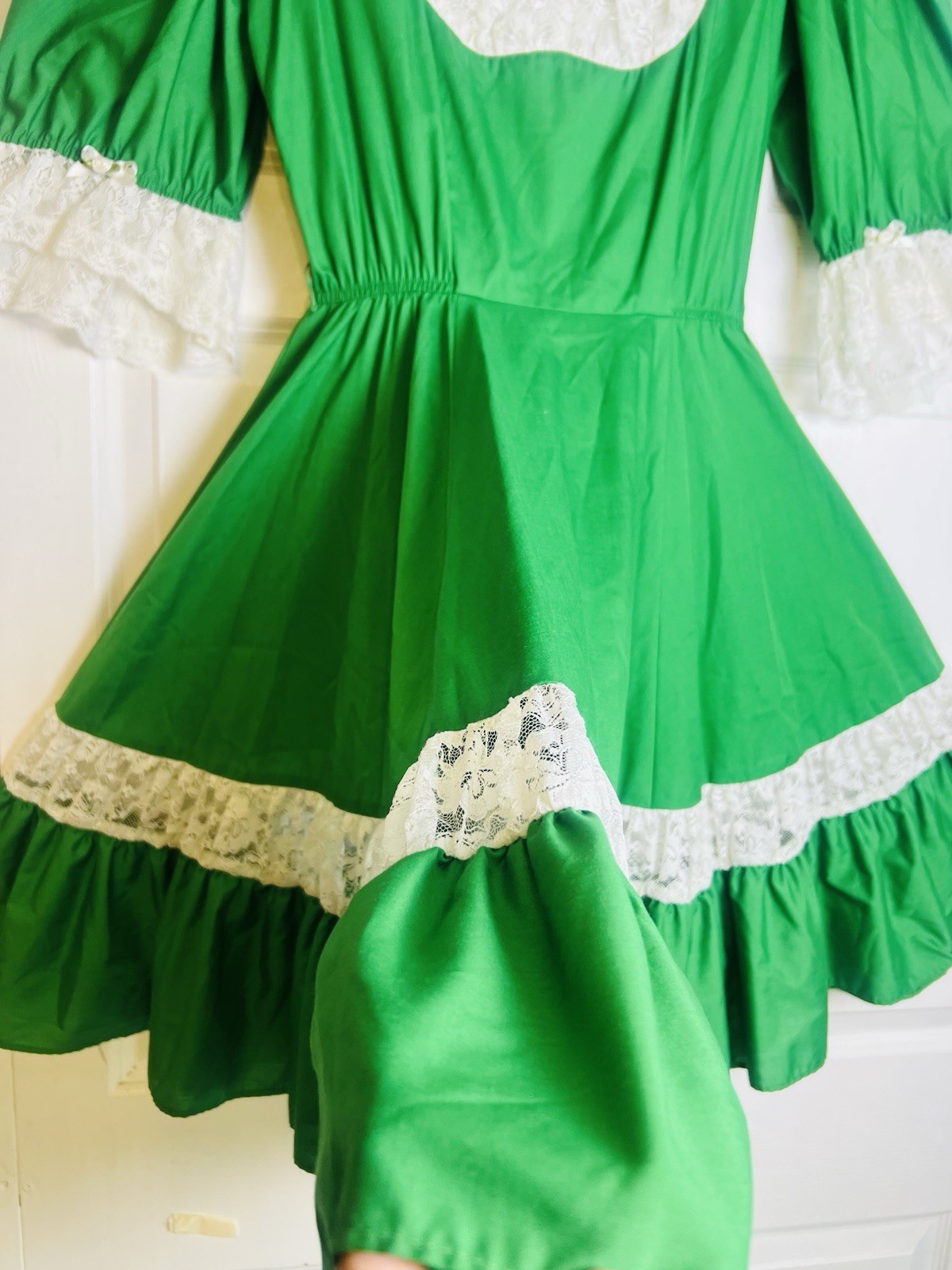 Vtg Partners Please Green White Lace Trim Flare Swing Square Dance Dress Size 12