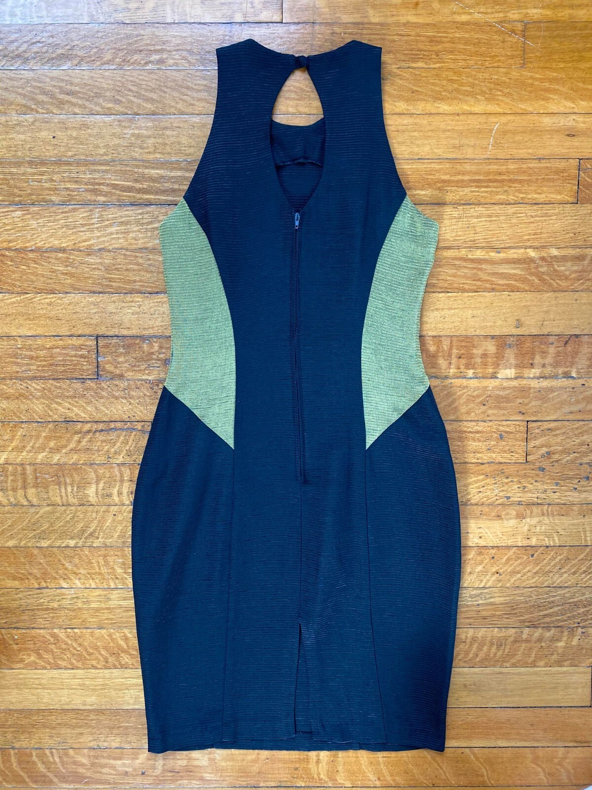 Vintage Early 1990s Black Gold Ribbed Bodycon LBD Cutout Dress