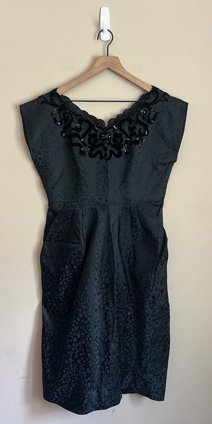 Dress Brocade Vintage 60s Cocktail Black Velvet Beaded Womens Size 10 12