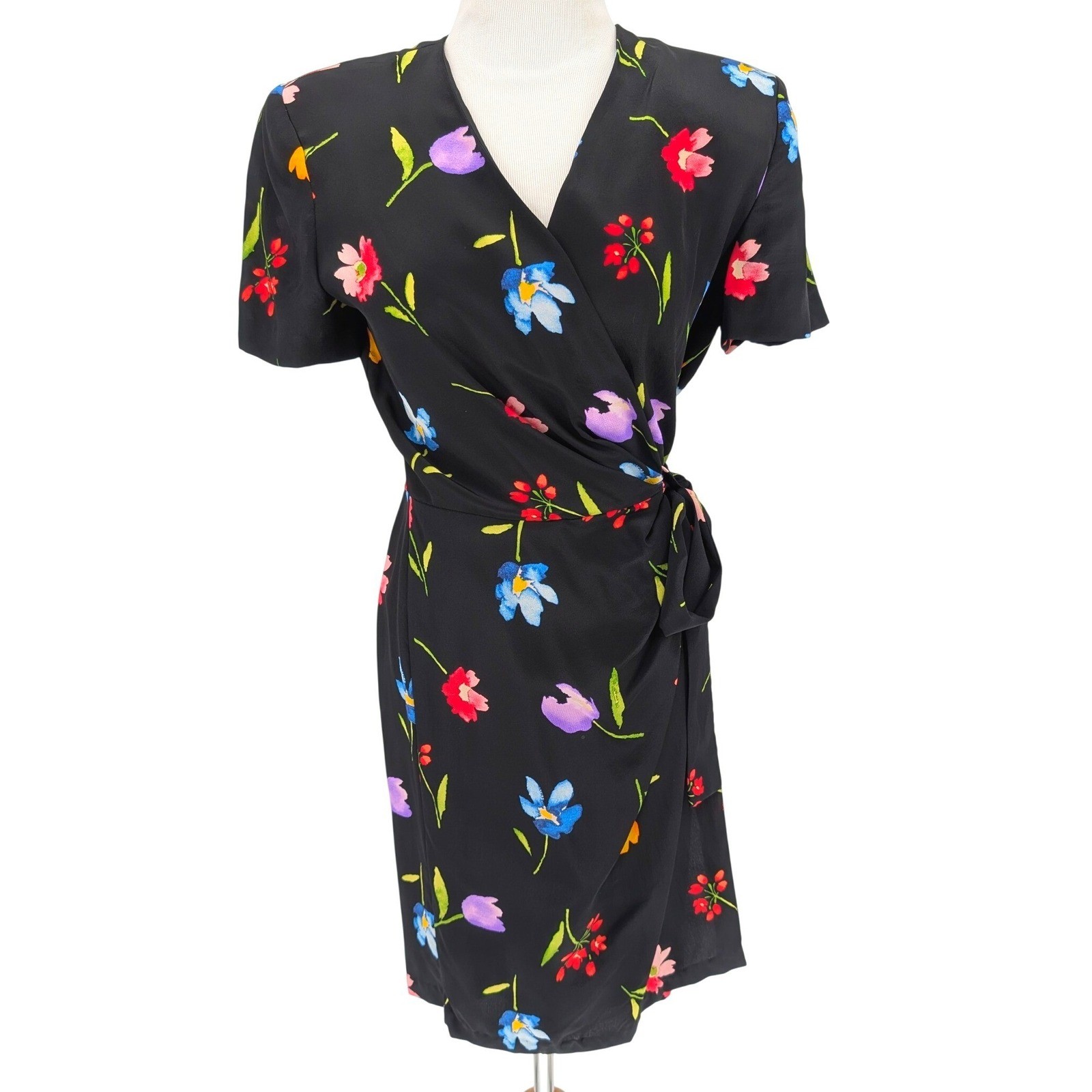 VTG Maggy London Silk Wrap Dress 4 Black Floral Botanical Parisian Chic Retro