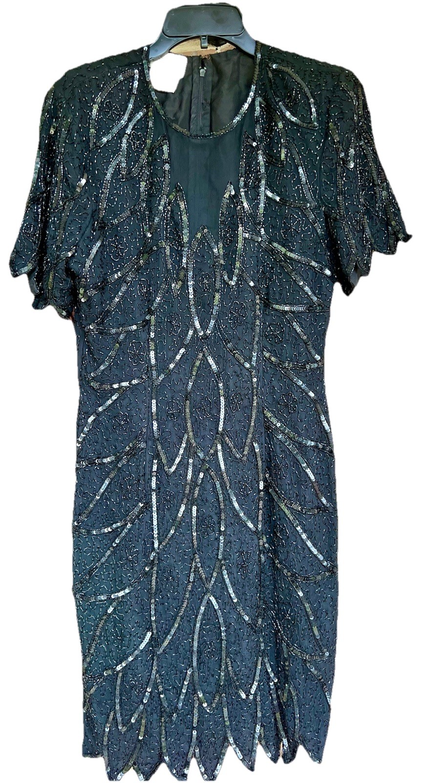 VTG Stenay Silk Beaded Cocktail Dress Size 14 Black Sequin Short Sleeve Retro