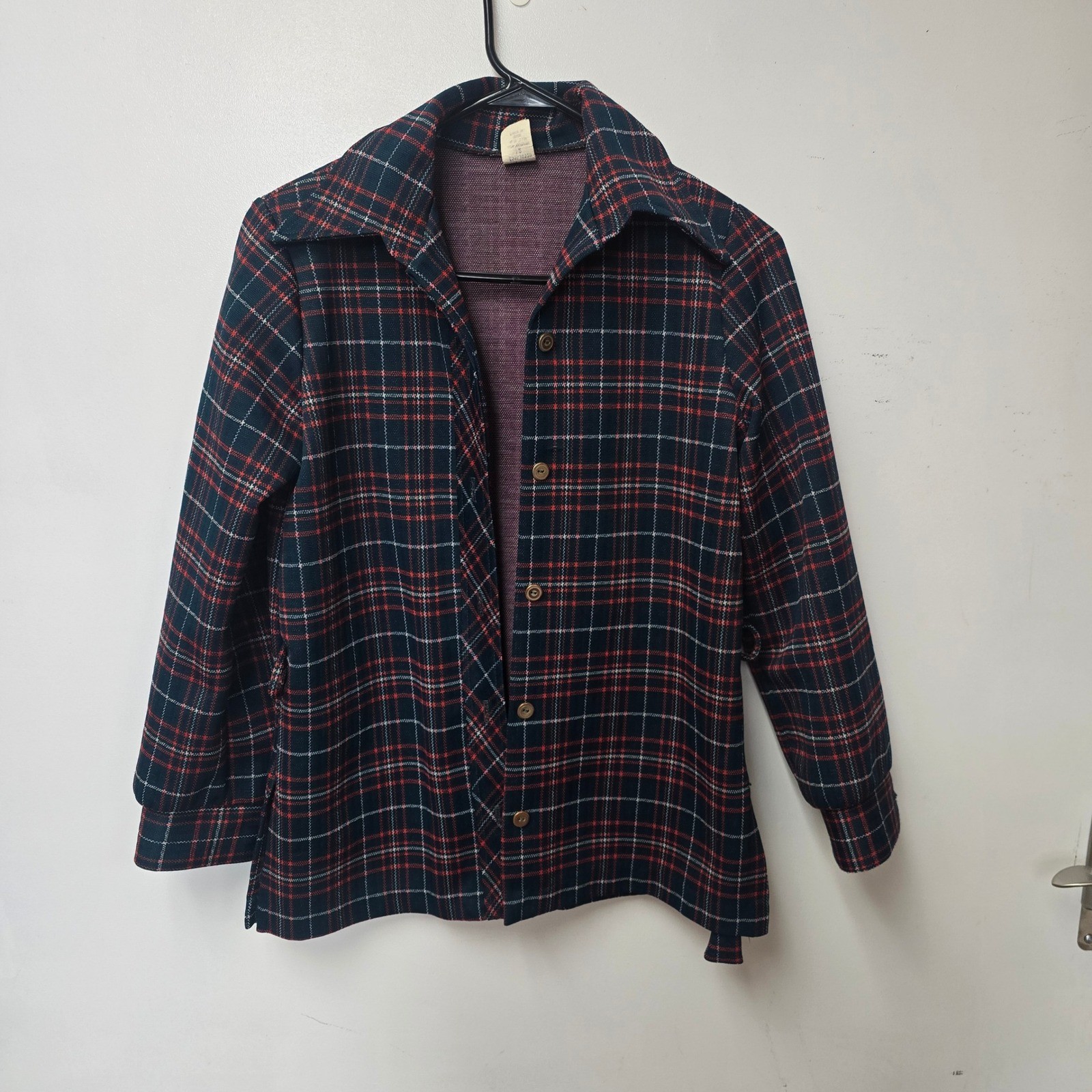 Vintage 70s Plaid Knit Shirt Jacket Navy Red White Dagger Collar Size 12 3733
