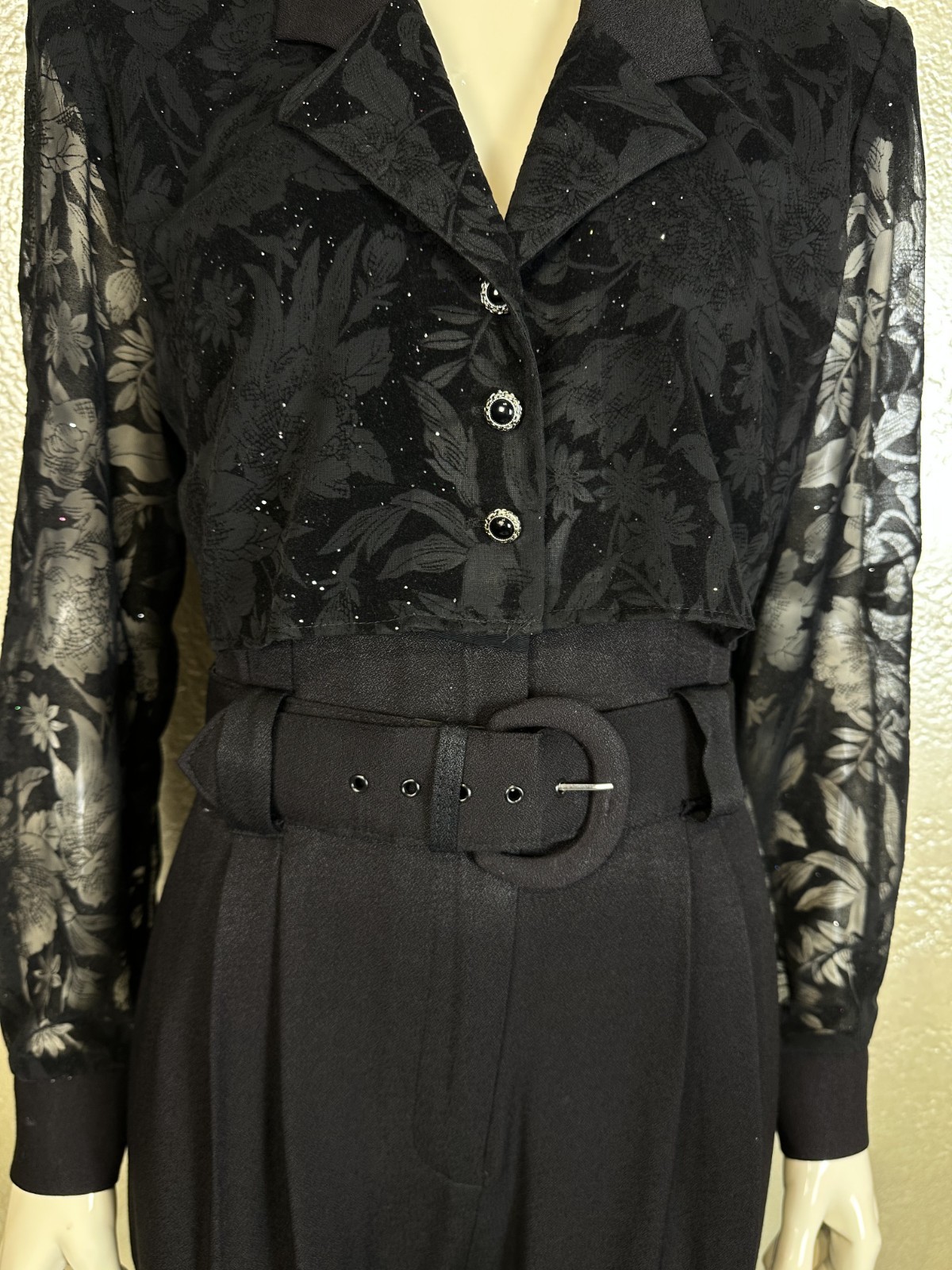 Vintage 1990s Ladies MENU Black Jumpsuit Sheer Sparkle Belted Goth S/M