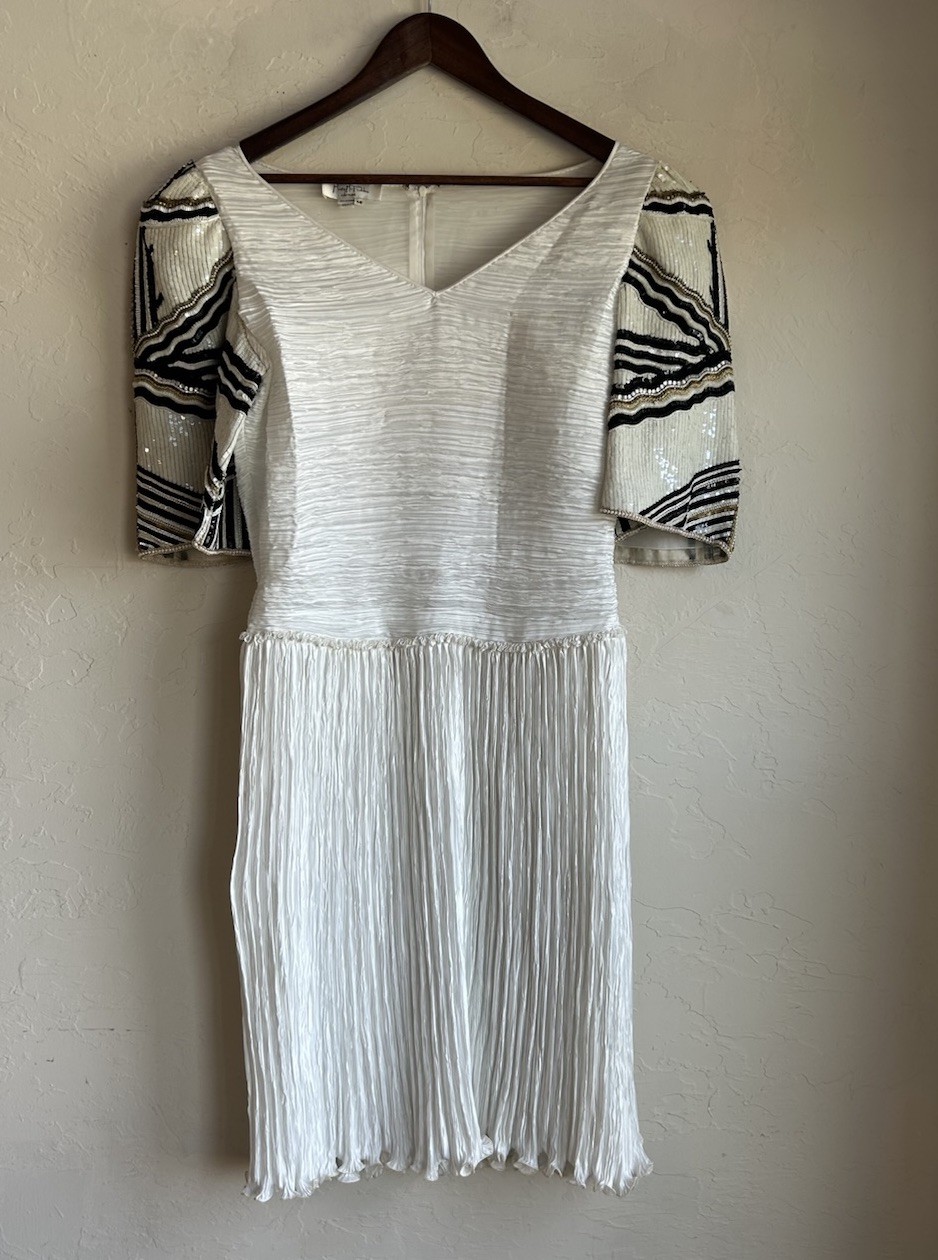 Vintage 80s Mary McFadden Couture Pleated Plisse Goddess Dress 14 Beaded Sleeves