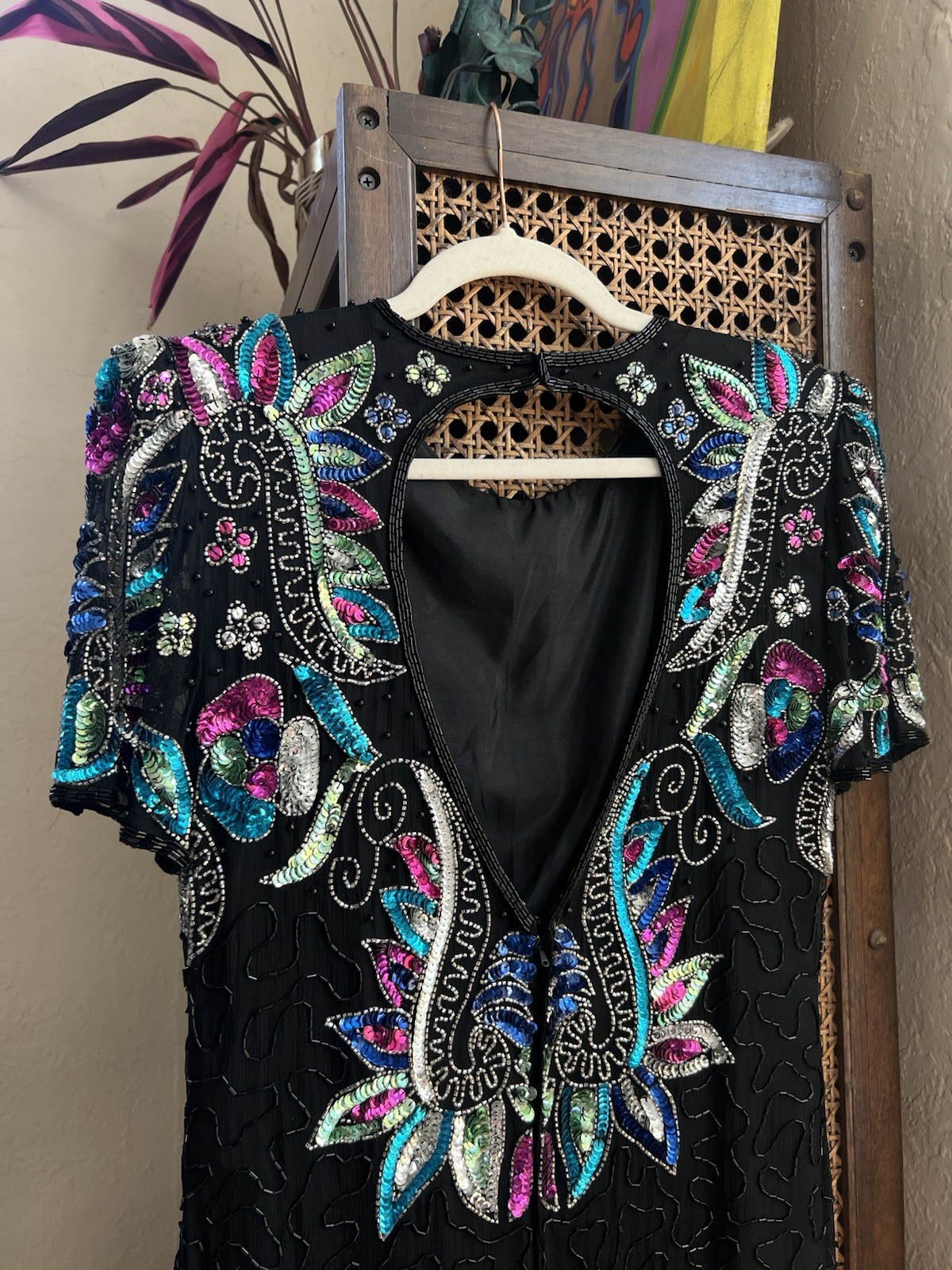 SWEELO Vintage Art Deco 1980’s Beaded Sequin Cocktail Flapper Dress Size M