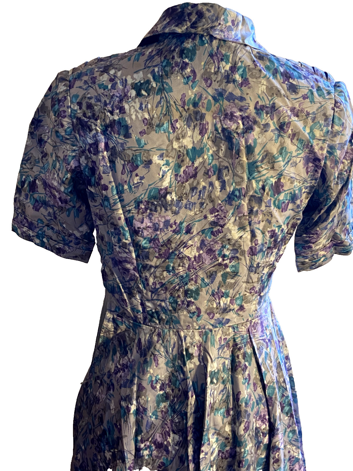 1950 wiggle dress vintage polyester gorgeous pleats purple floral size 8 AU SML