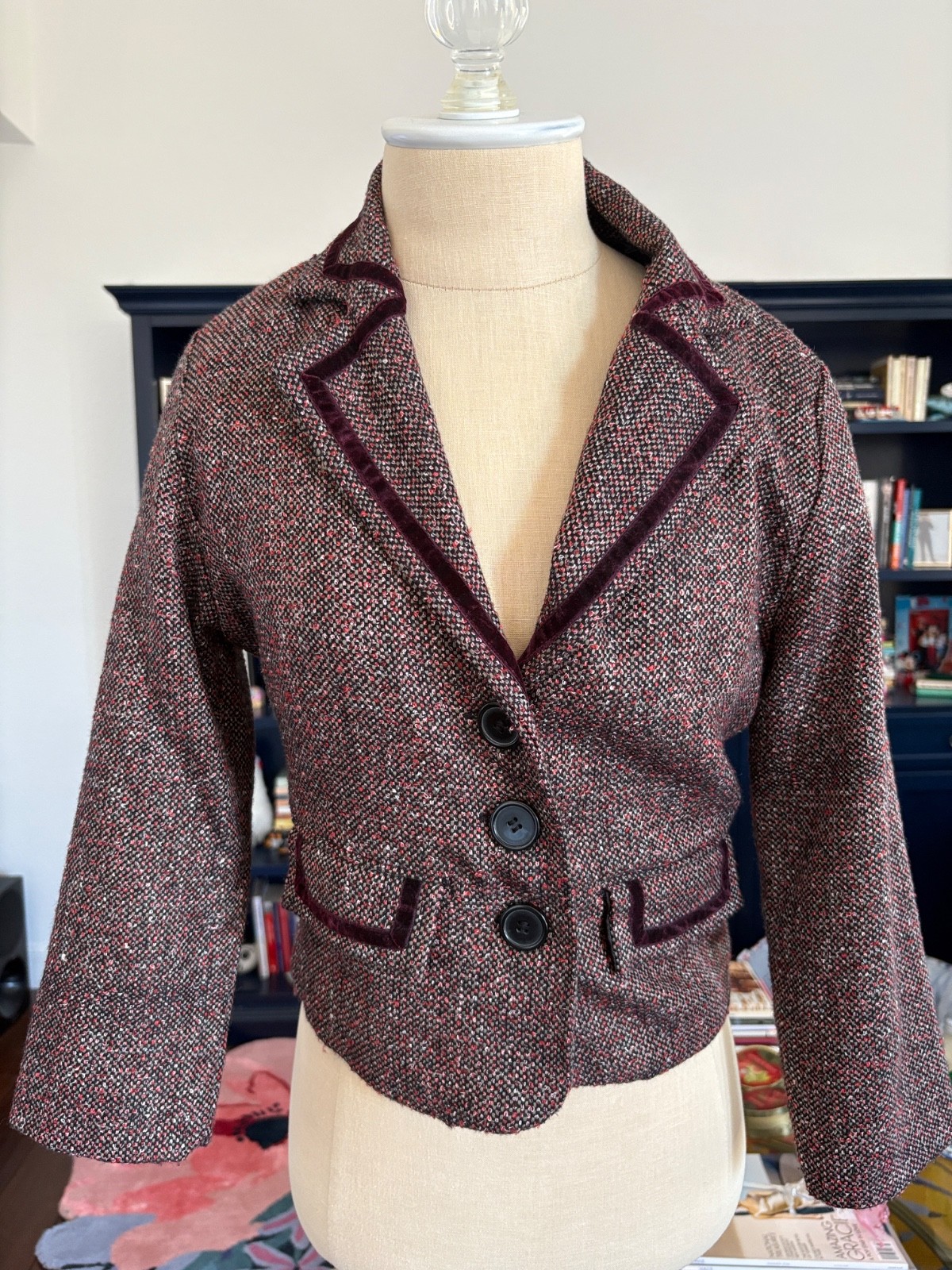 Vintage Rampage Burgundy Wine Tweed Cropped Blazer with Velvet Trim size S