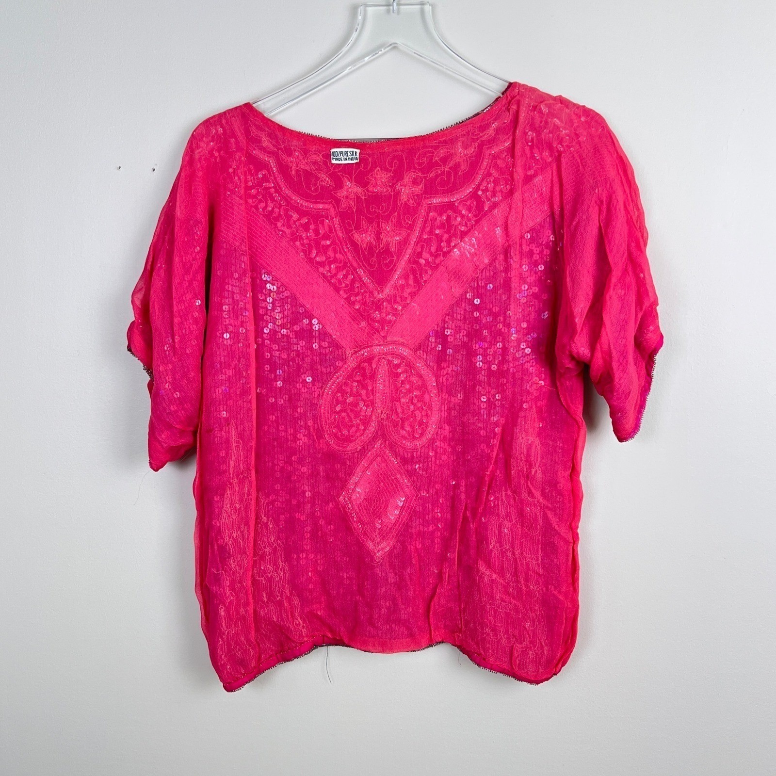 Vintage Sequin Top Women Medium Pink Silver Beaded Silk 80s Glam Disco Party