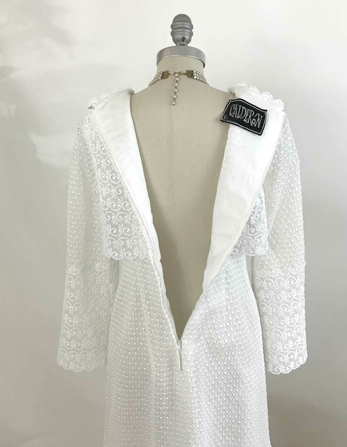 Vtg 70s CALDERON White Lace Wedding Dress Sheer Bell Sleeve Romantic Boho sz 6