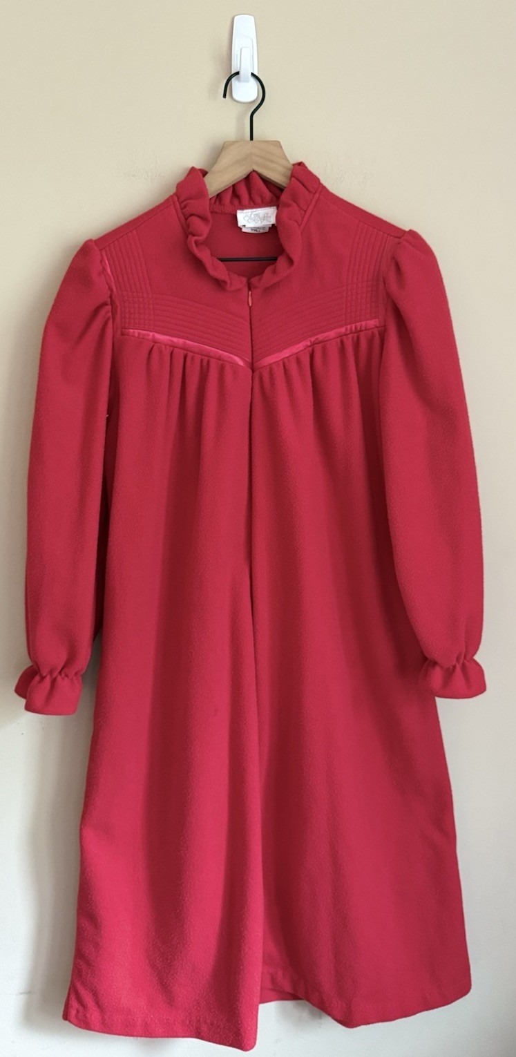 Velour Robe Vintage Zip House Coat Red Ruffle Long Womens Size Small 80s 90s