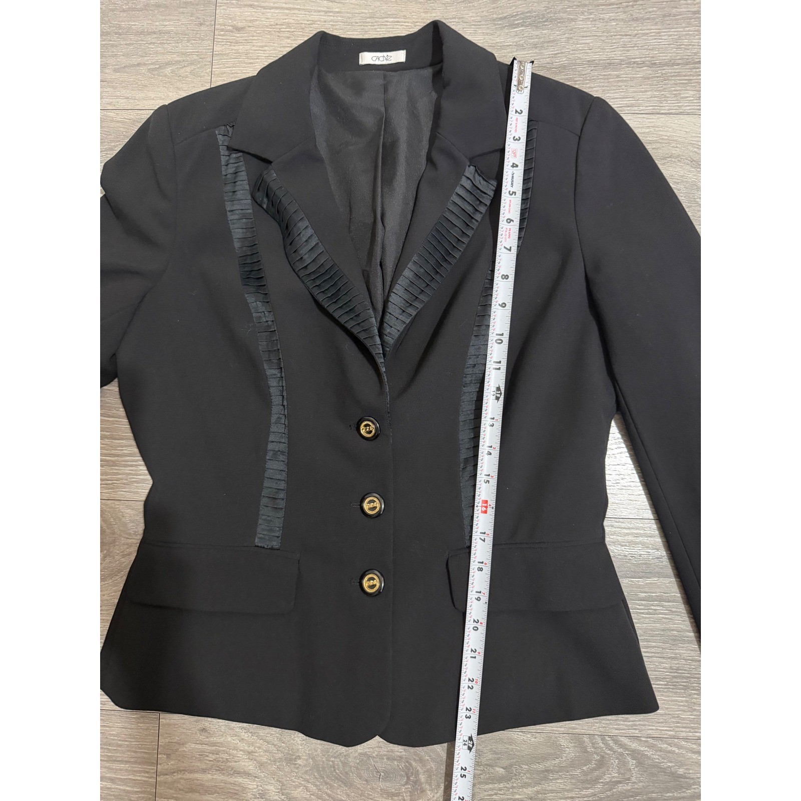 Vintage Cache Womens Black Blazer Size 10 Silk Pleated Trim Gold Button Tailored
