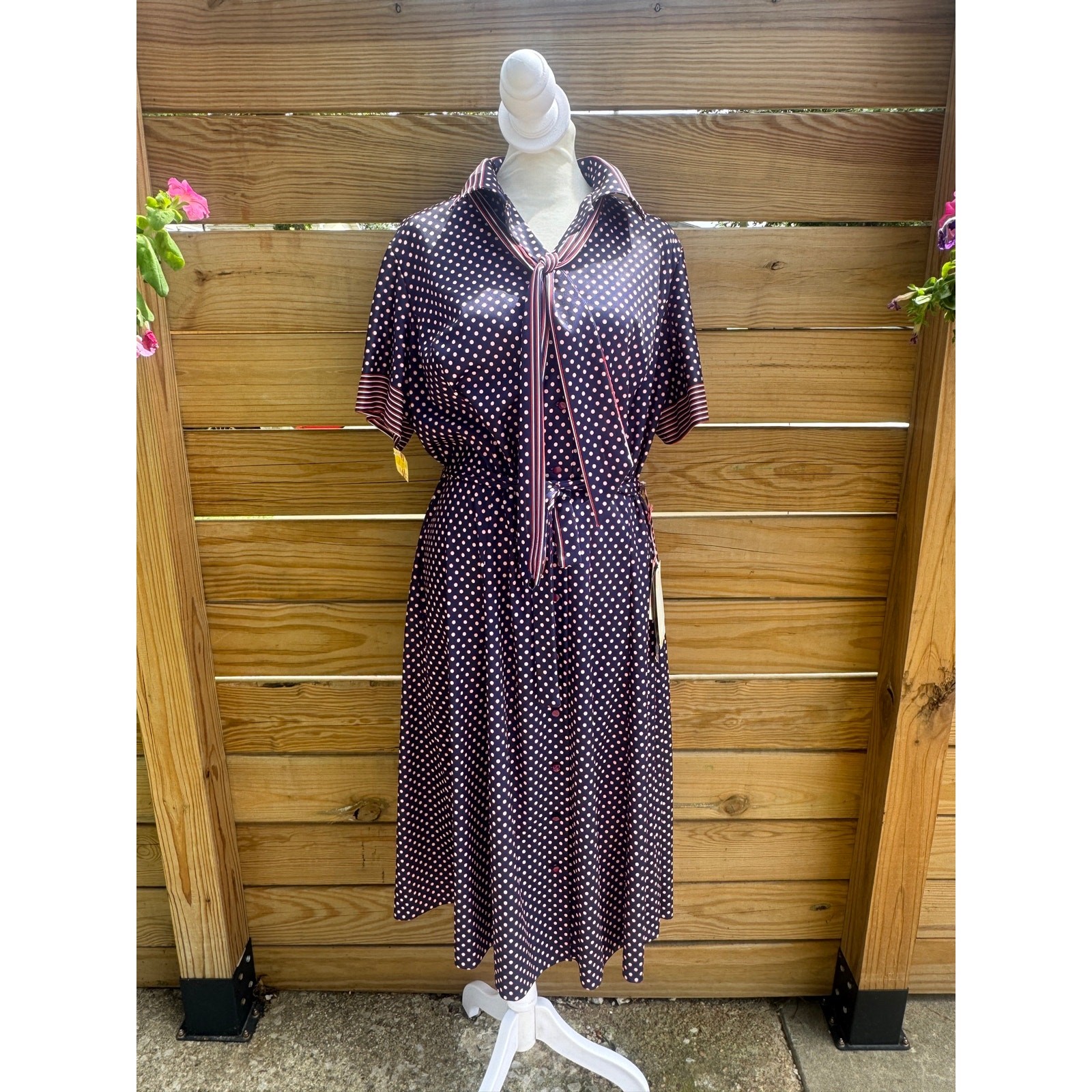 Vintage 1970s Polka Dot Dress Damon Navy Blue Red Secretary Shirt Dress NWT L XL