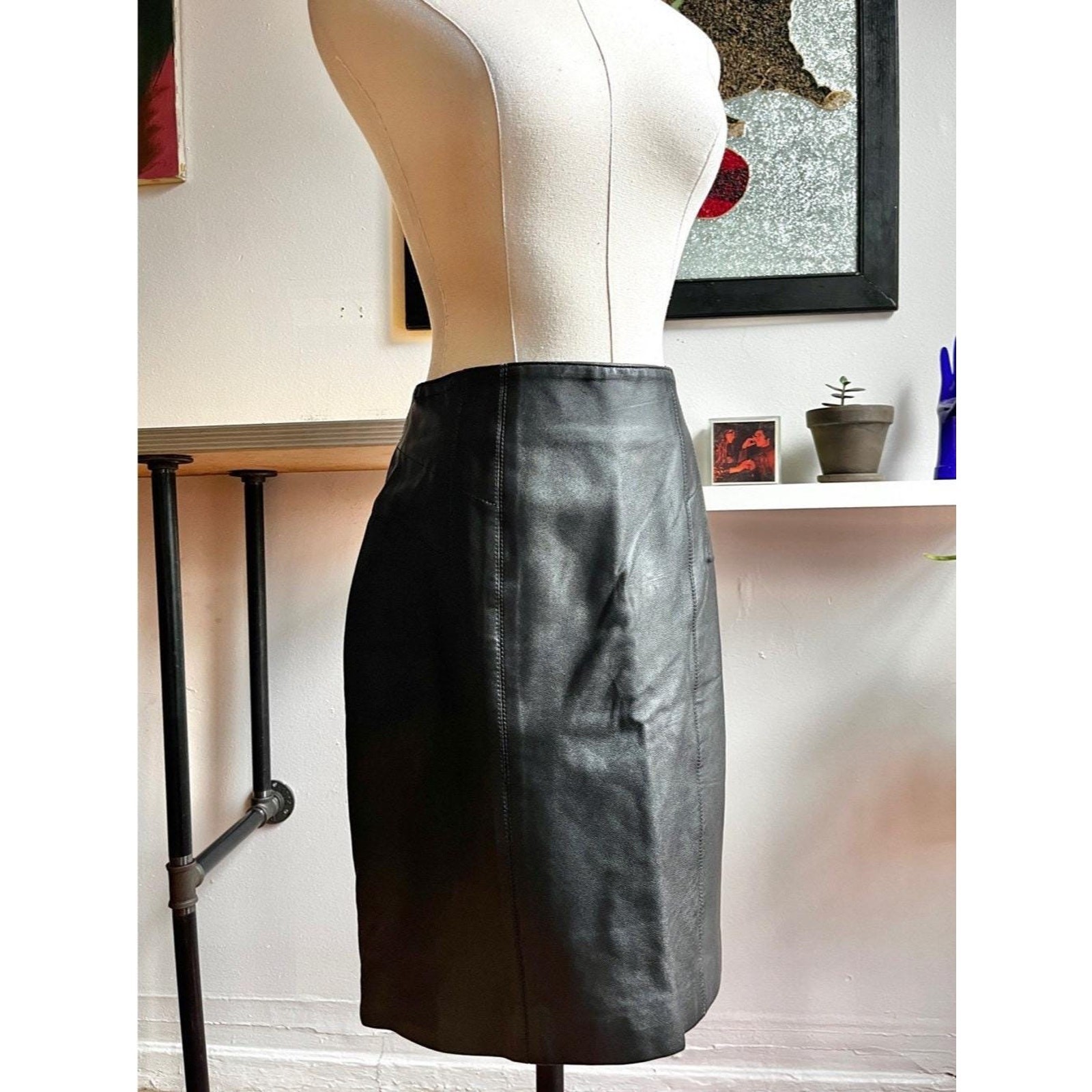 Vintage 80s Leather Skirt | Baddie Black High Waist Panel Mini | S/M