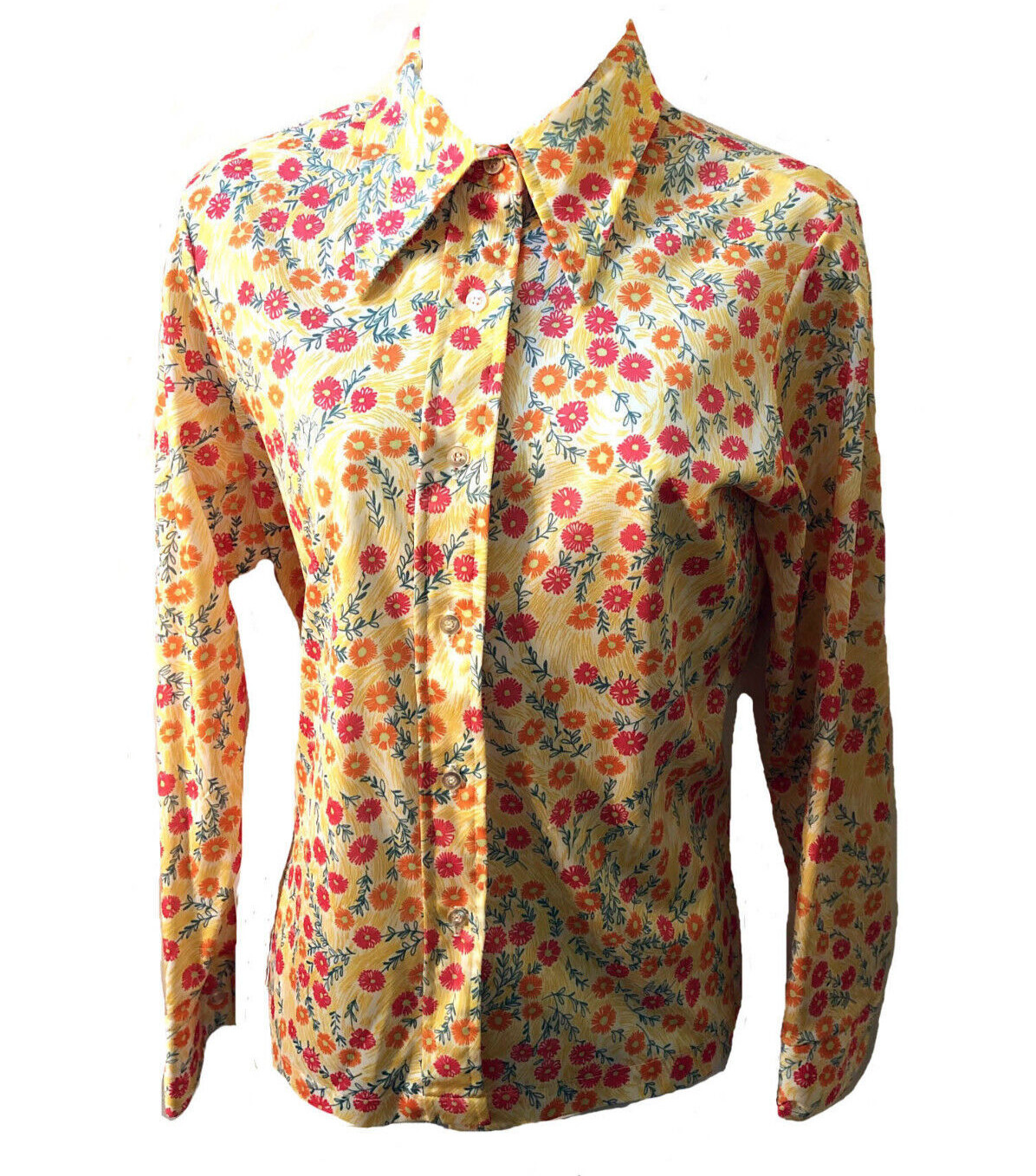 Sears Vintage 1970s Nylon Poly Mod Yellow Floral Long Sleeve Collar Blouse 14