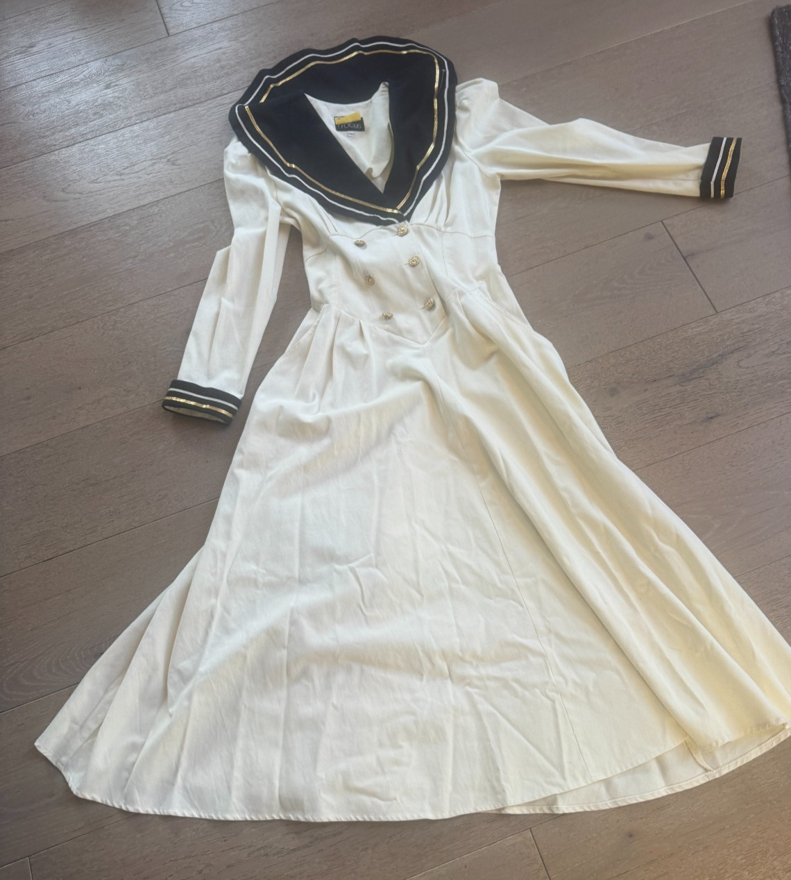 Vintage 80s Sailor Dress Cream Navy Gold Stripe Cotton Midi Nautical Fit & Flare