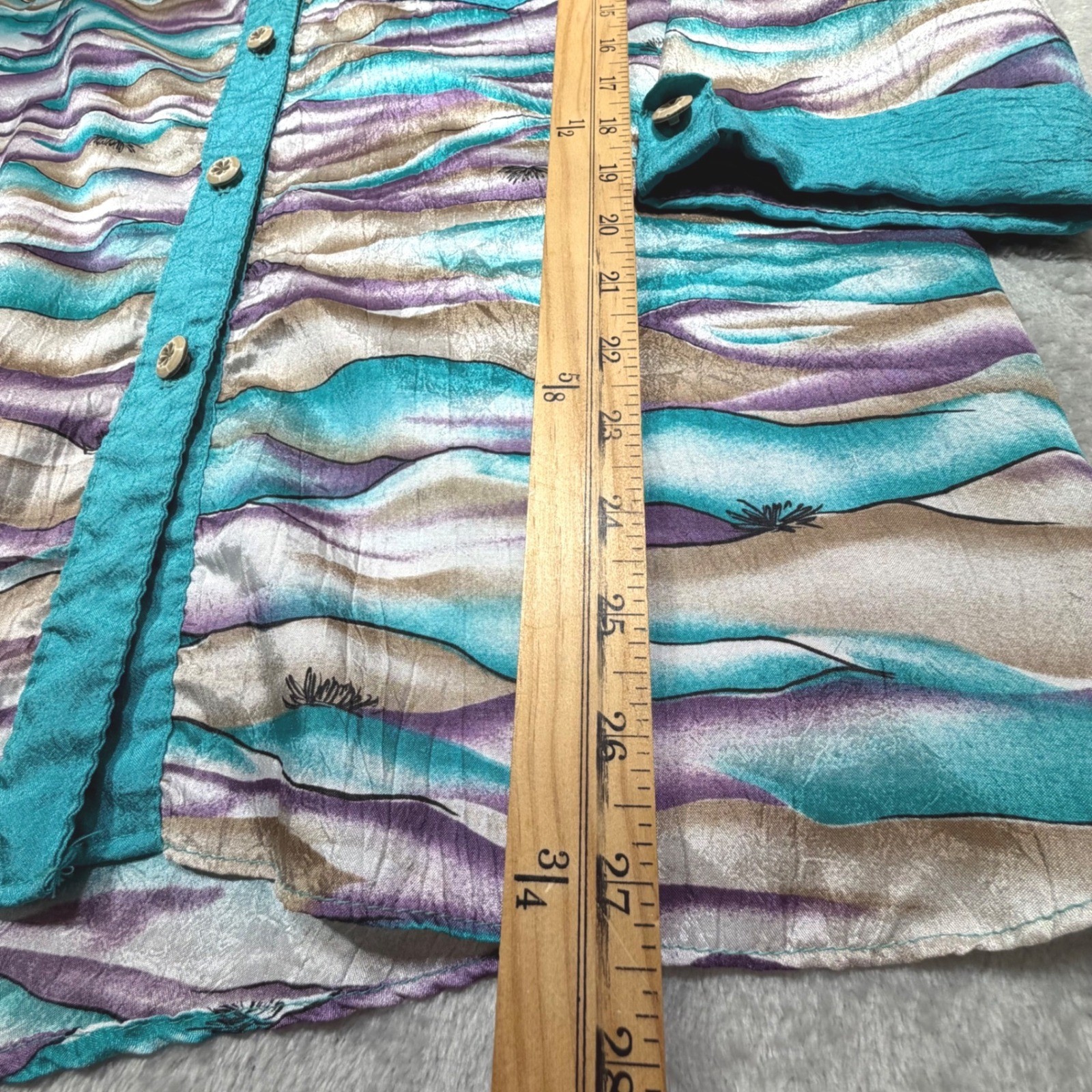 Vintage 90s Abstract Wave Print Button Down Blouse Size M Teal Purple Polyester