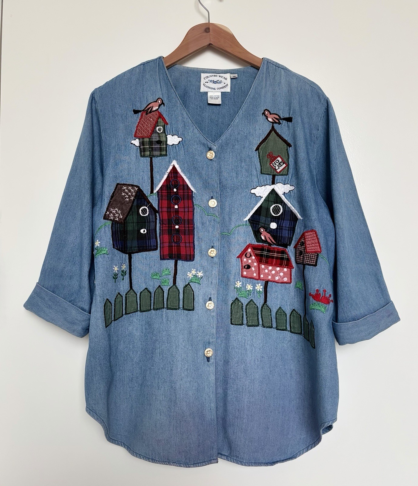 Vintage Women’s 14 Cottage Core Granny Denim Embroidered Birdhouse Top *READ*
