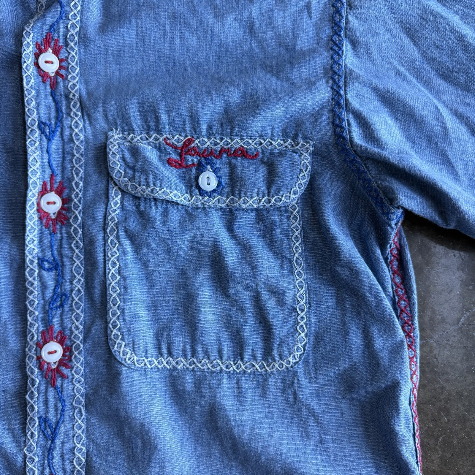 VTG 60’s Big Mac Pennys Sanforized Chambray Denim Embroidered floral Shirt