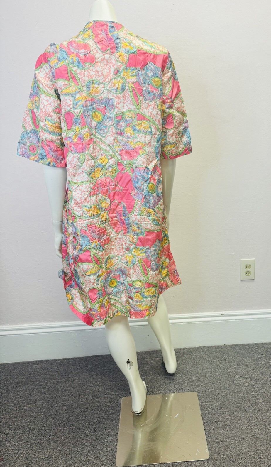 VTG RARE Caftan Kaftan Loungewear night Gown Dress robe glo pink floral zip S/M