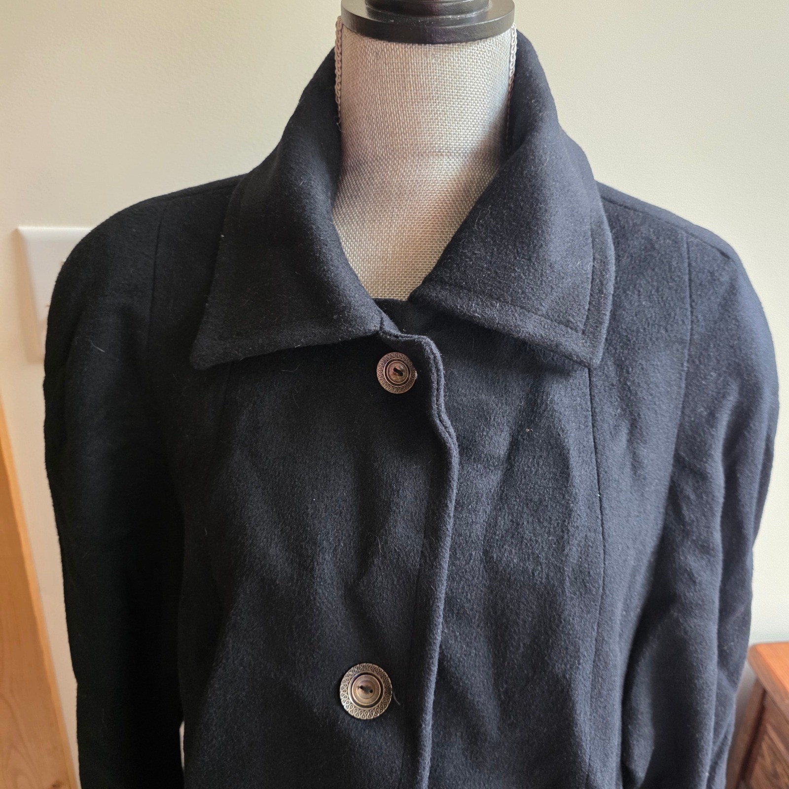 Vintage Ashley Scott Black Wool Blend Overcoat Made in USA Women Large